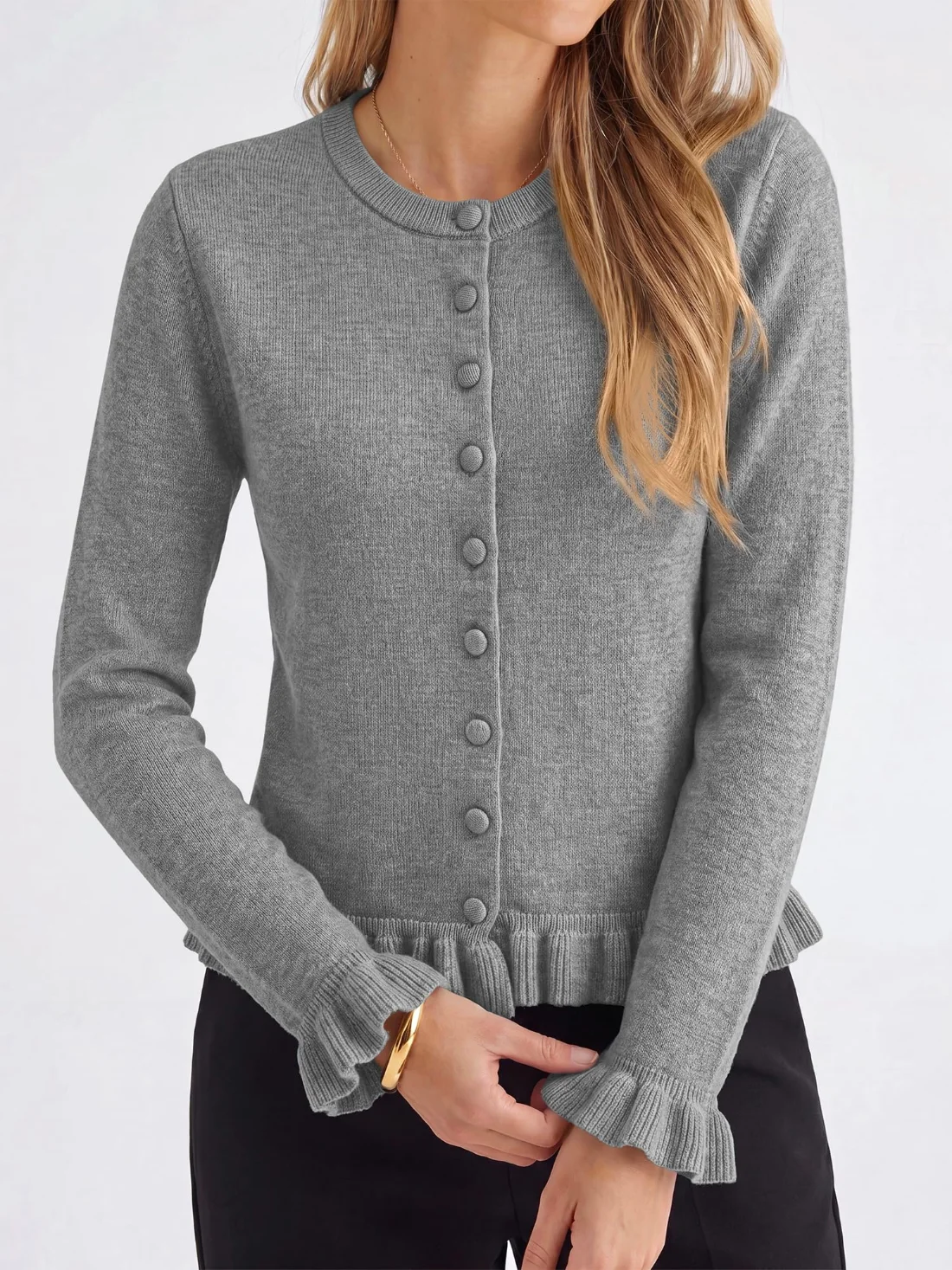 KIRUNDO Ruffle Button-Down Cardigan in Grey, view 5