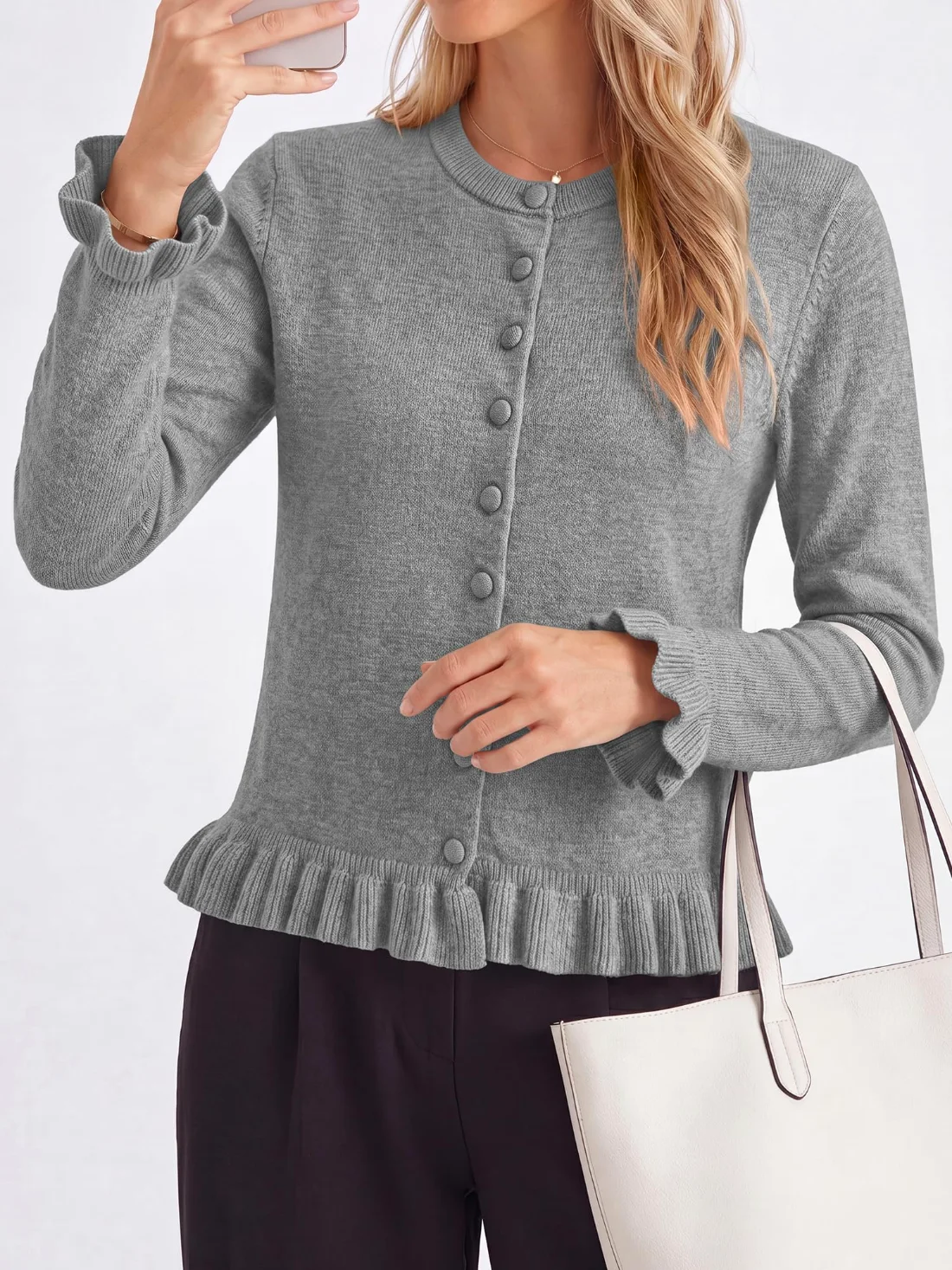 KIRUNDO Ruffle Button-Down Cardigan in Grey, view 6