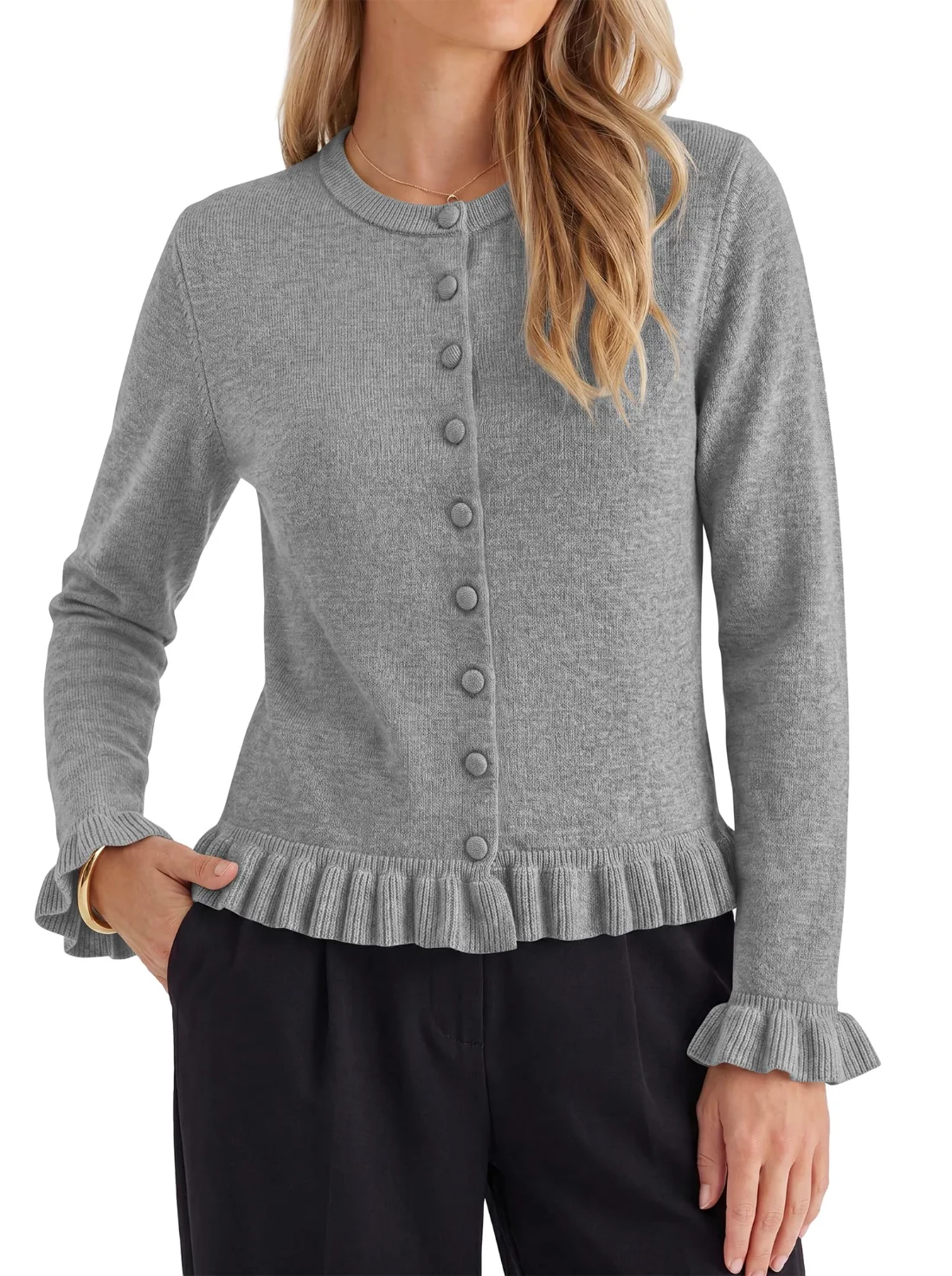 KIRUNDO Ruffle Button-Down Cardigan in Grey