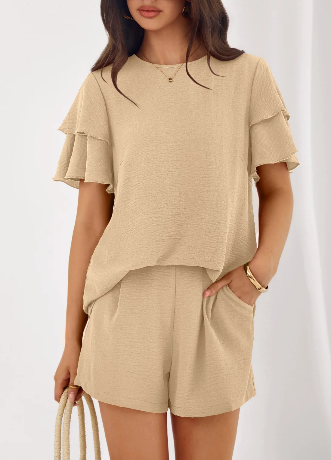 KIRUNDO Ruffle Sleeve Shorts Set in Khaki, view 3