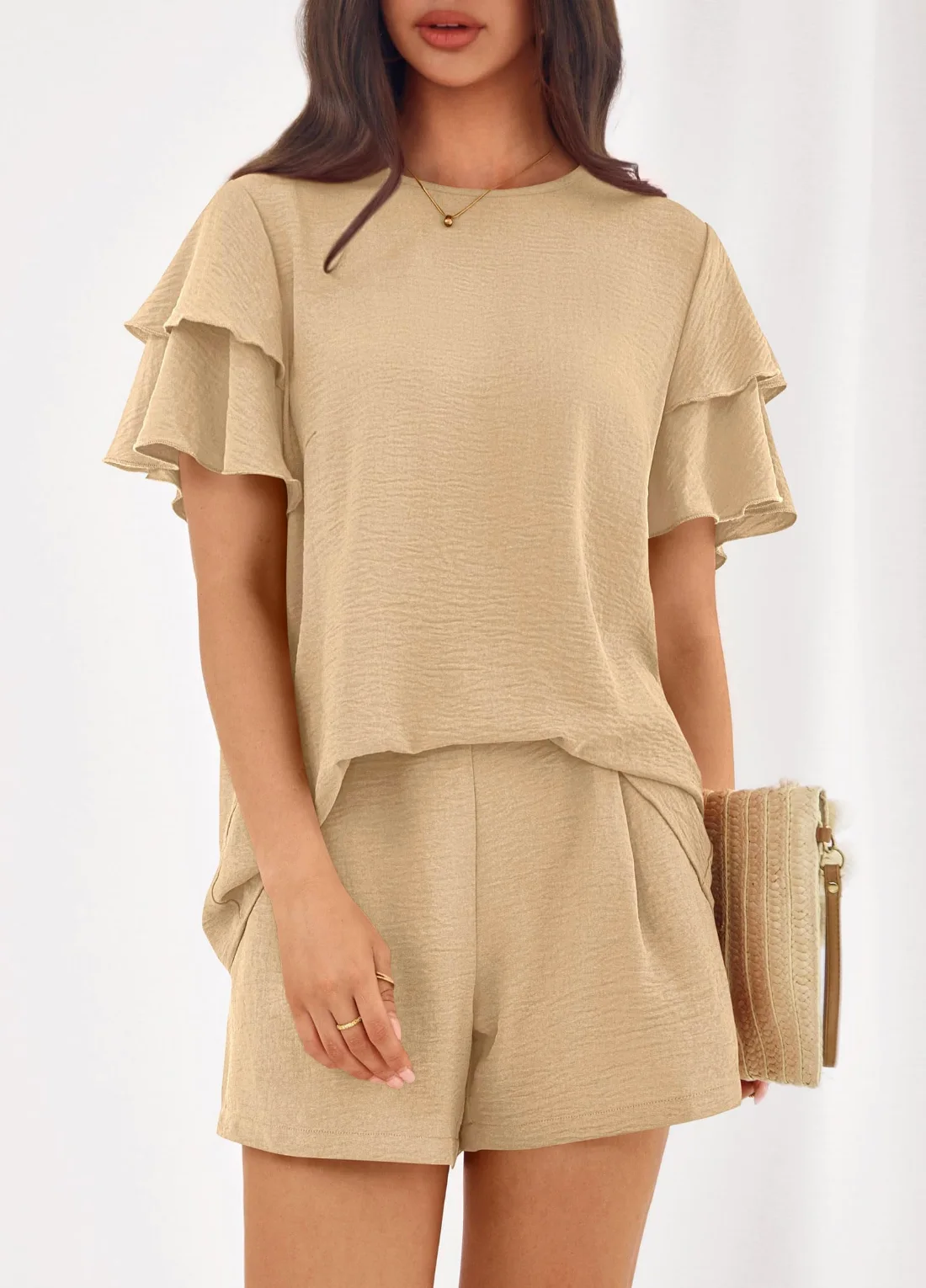 KIRUNDO Ruffle Sleeve Shorts Set in Khaki, view 4