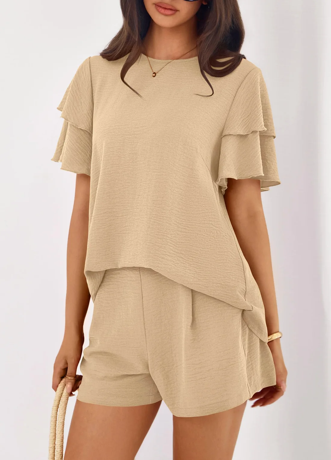 KIRUNDO Ruffle Sleeve Shorts Set in Khaki, view 5