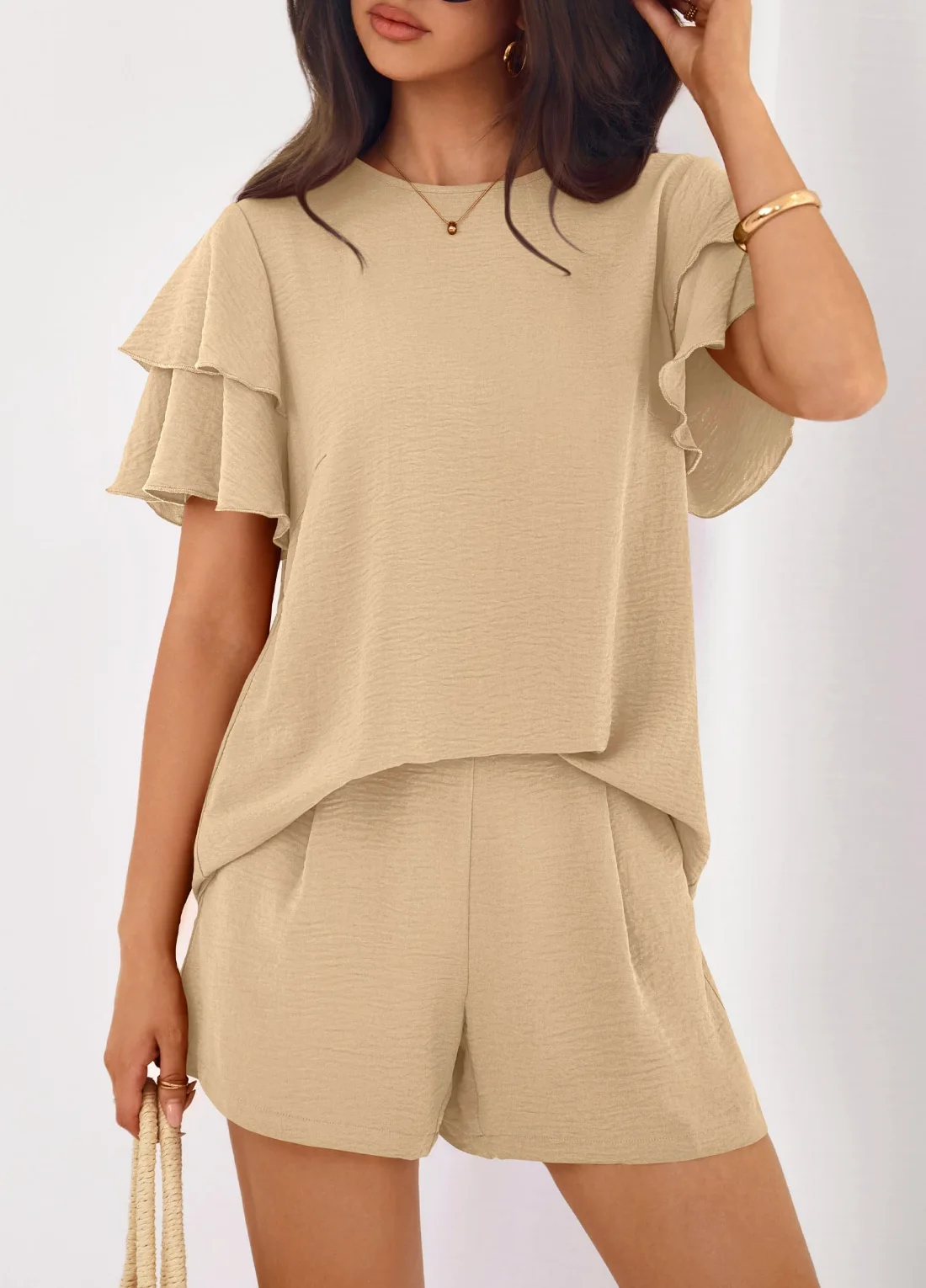 KIRUNDO Ruffle Sleeve Shorts Set in Khaki, view 6