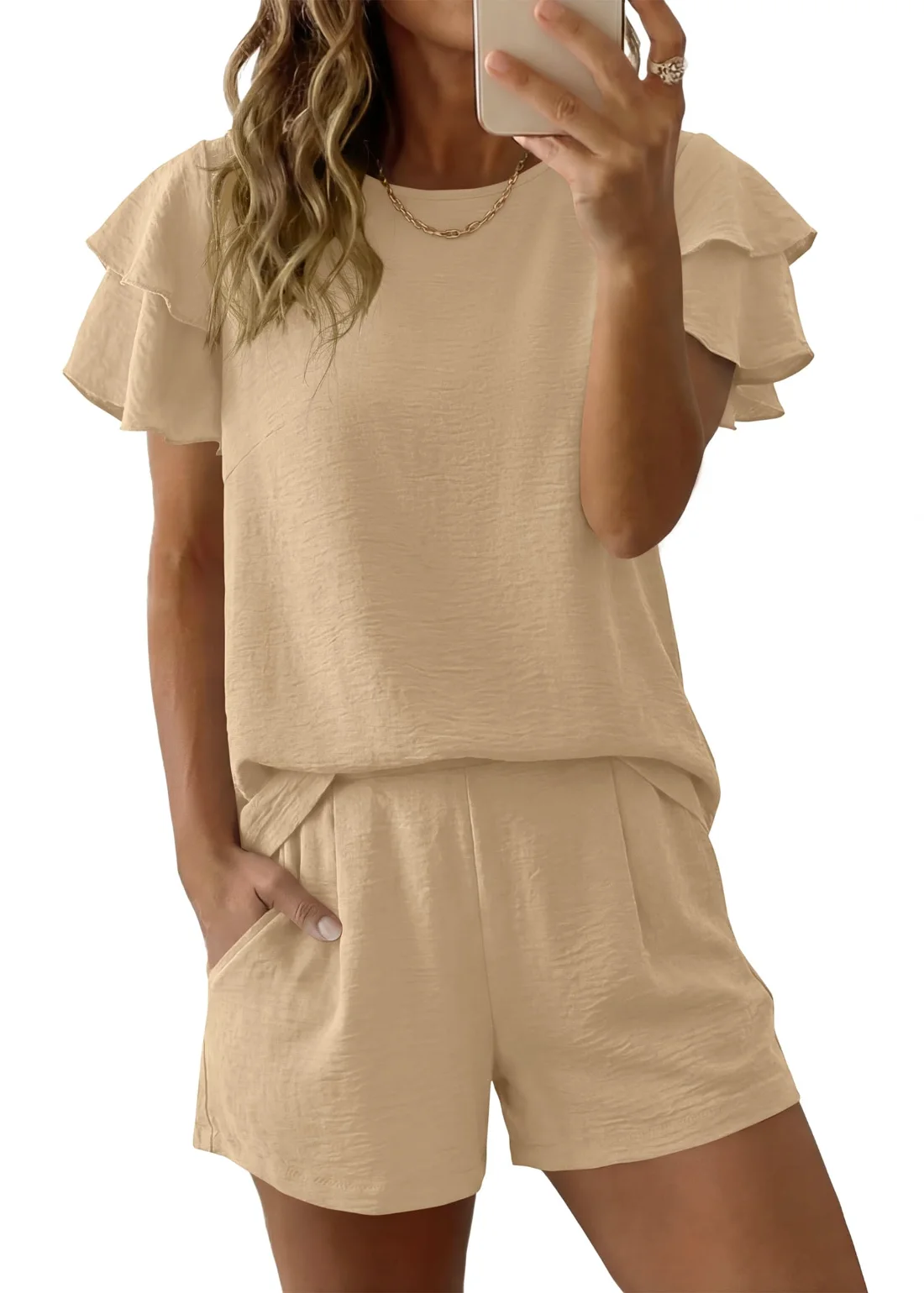KIRUNDO Ruffle Sleeve Shorts Set in Khaki