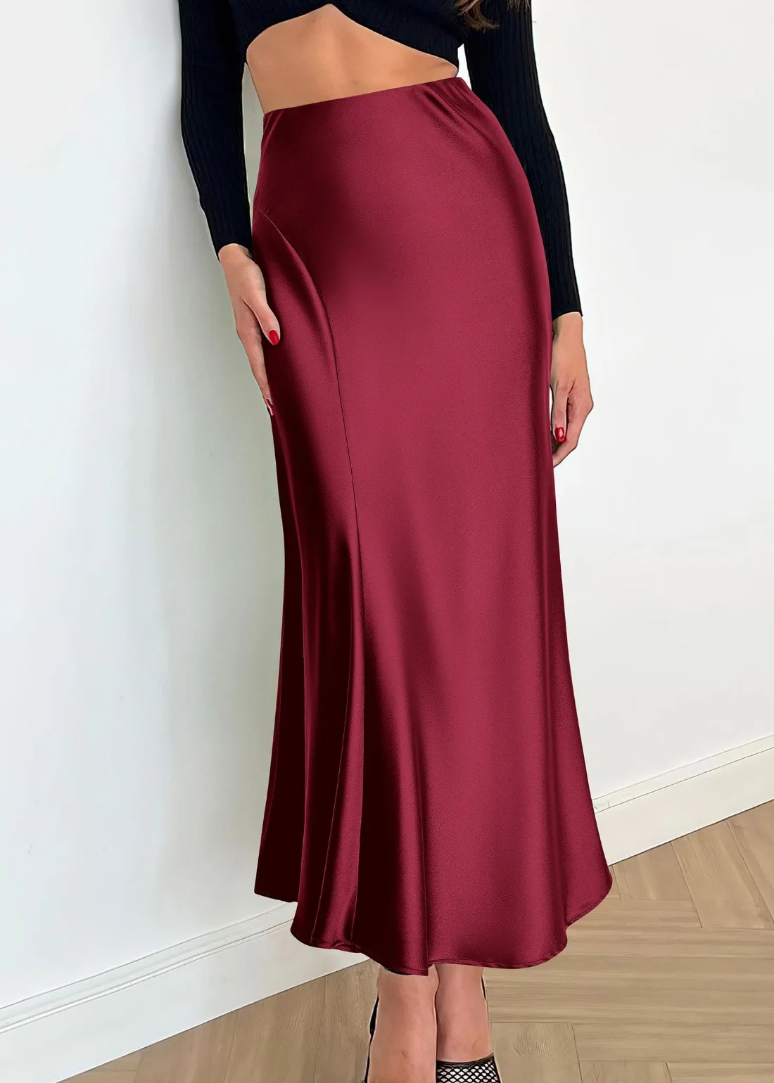KIRUNDO Satin A-Line High-Waist Skirt in Wine Red, view 3