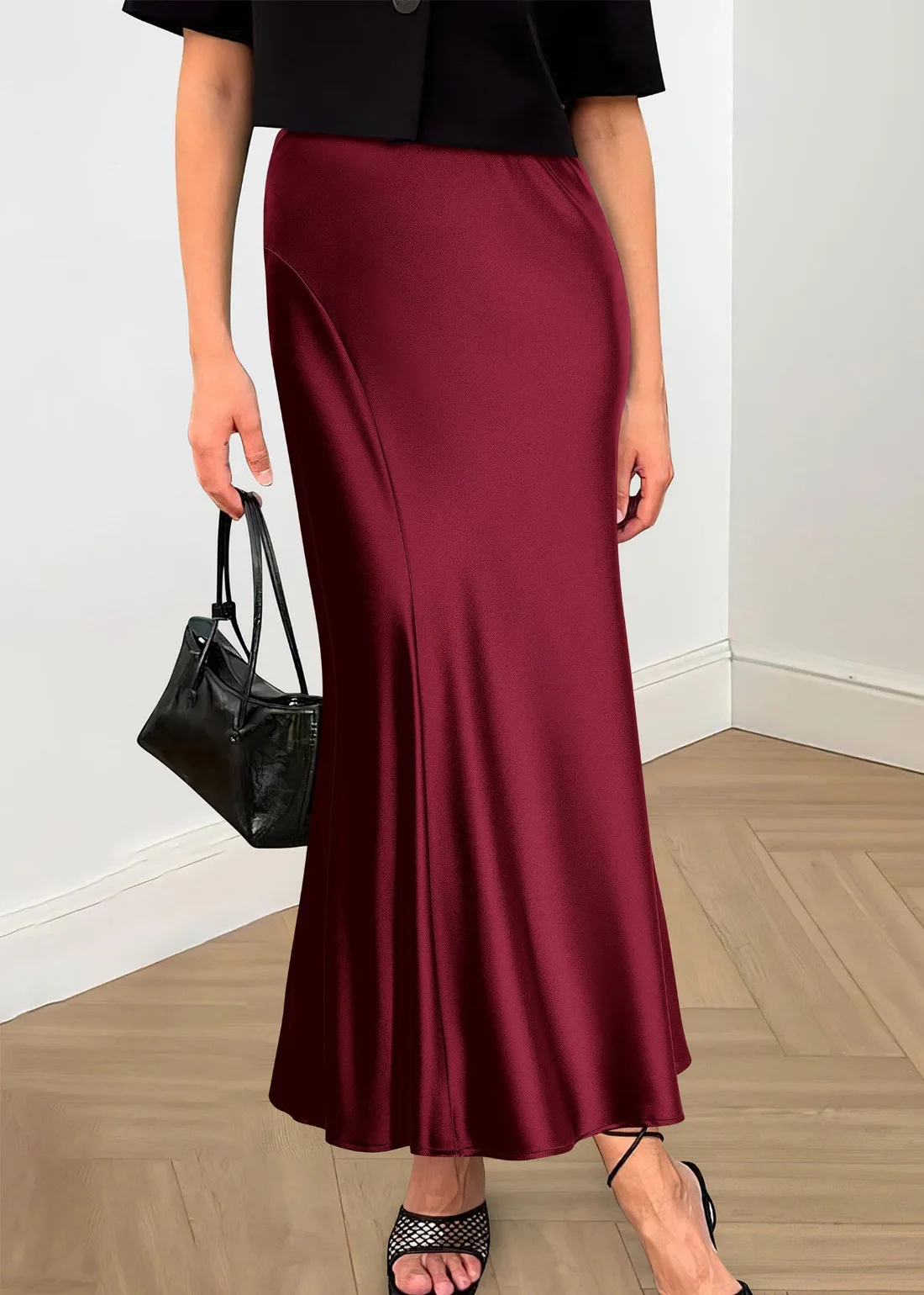 KIRUNDO Satin A-Line High-Waist Skirt in Wine Red, view 4