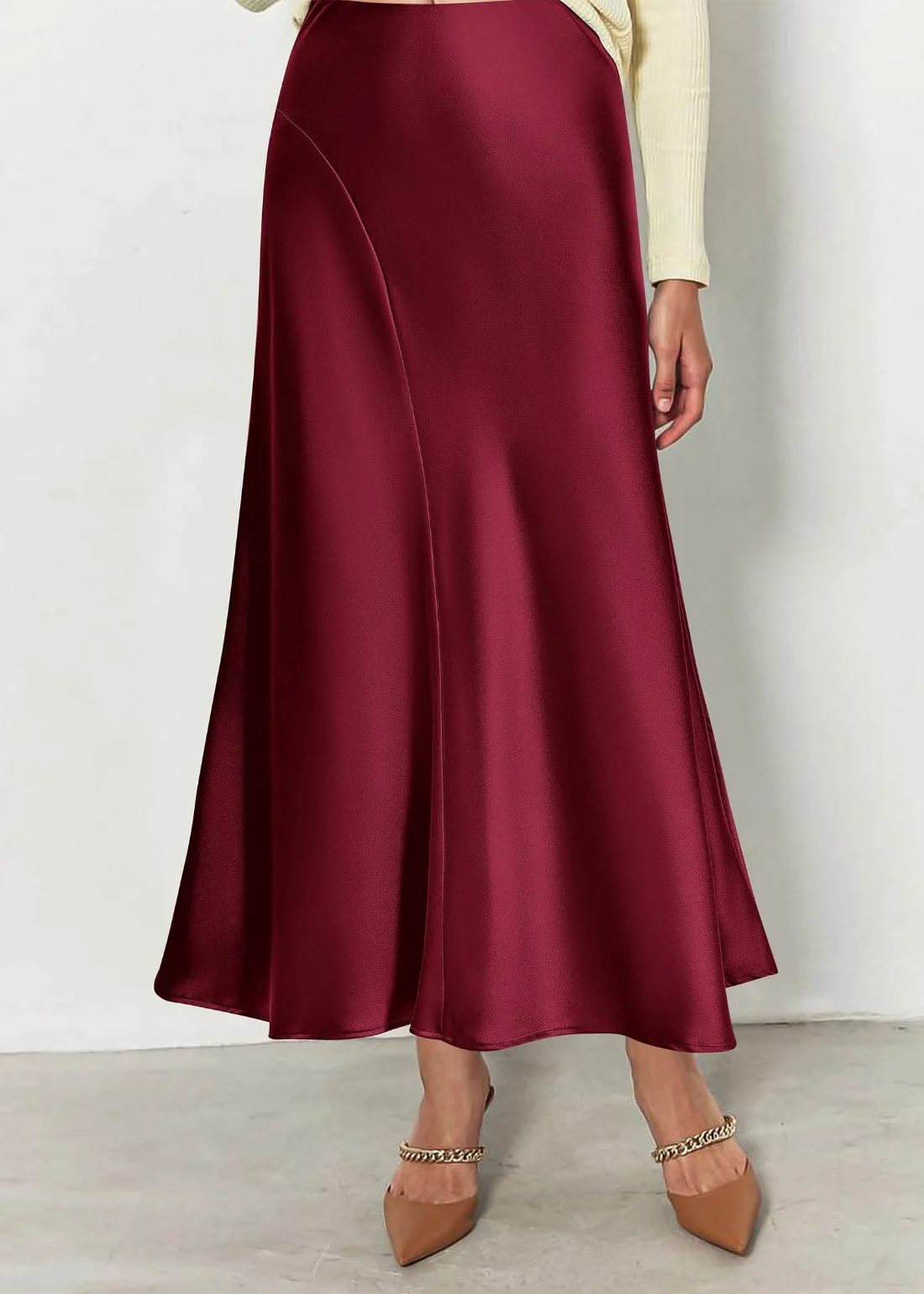 KIRUNDO Satin A-Line High-Waist Skirt in Wine Red, view 5