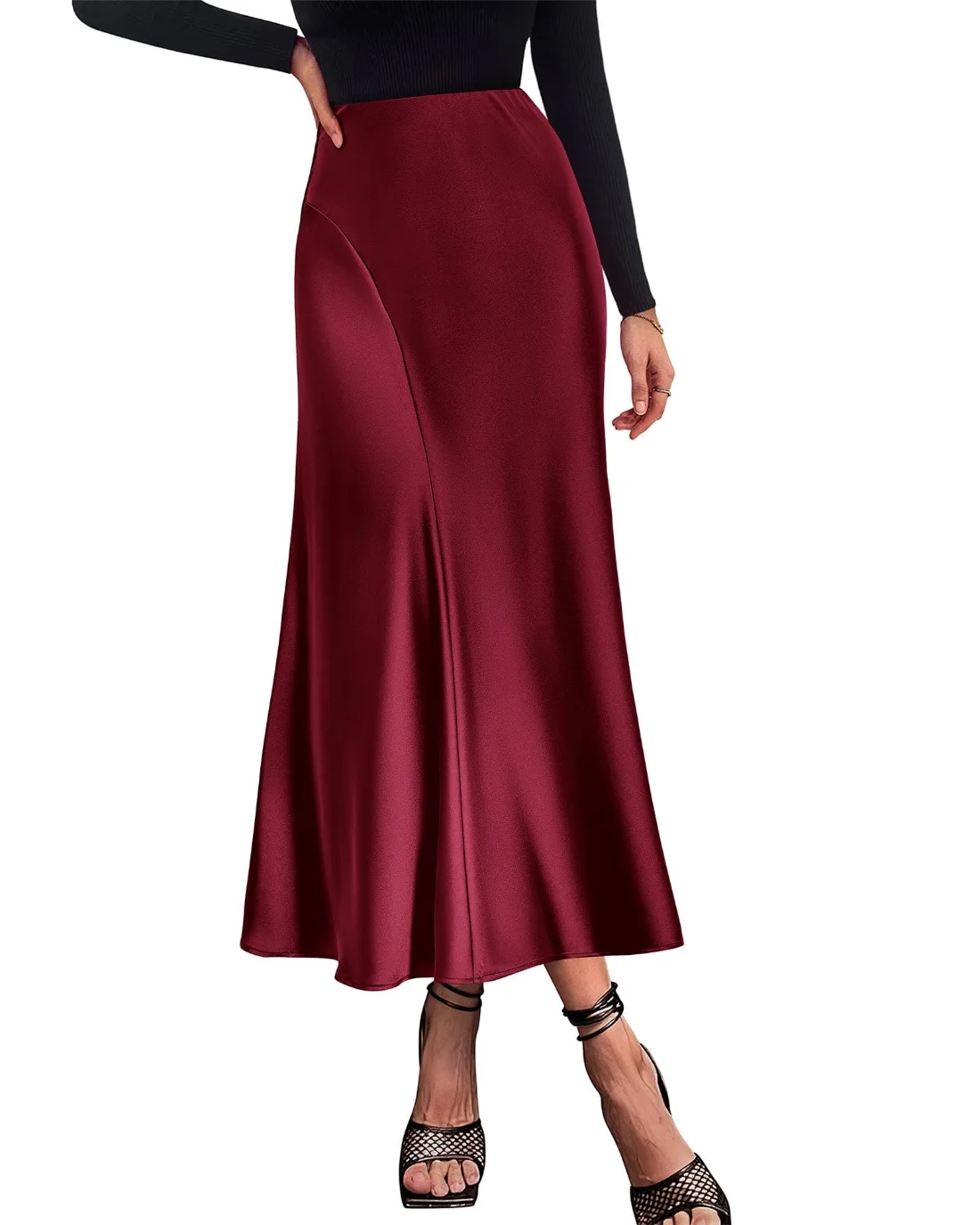 KIRUNDO Satin A-Line High-Waist Skirt in Wine Red
