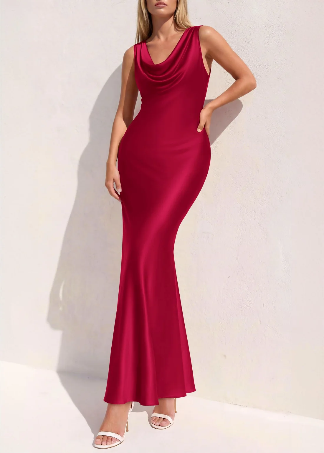 KIRUNDO Satin Bodycon Cowl Neck Maxi Dress in Red, view 3