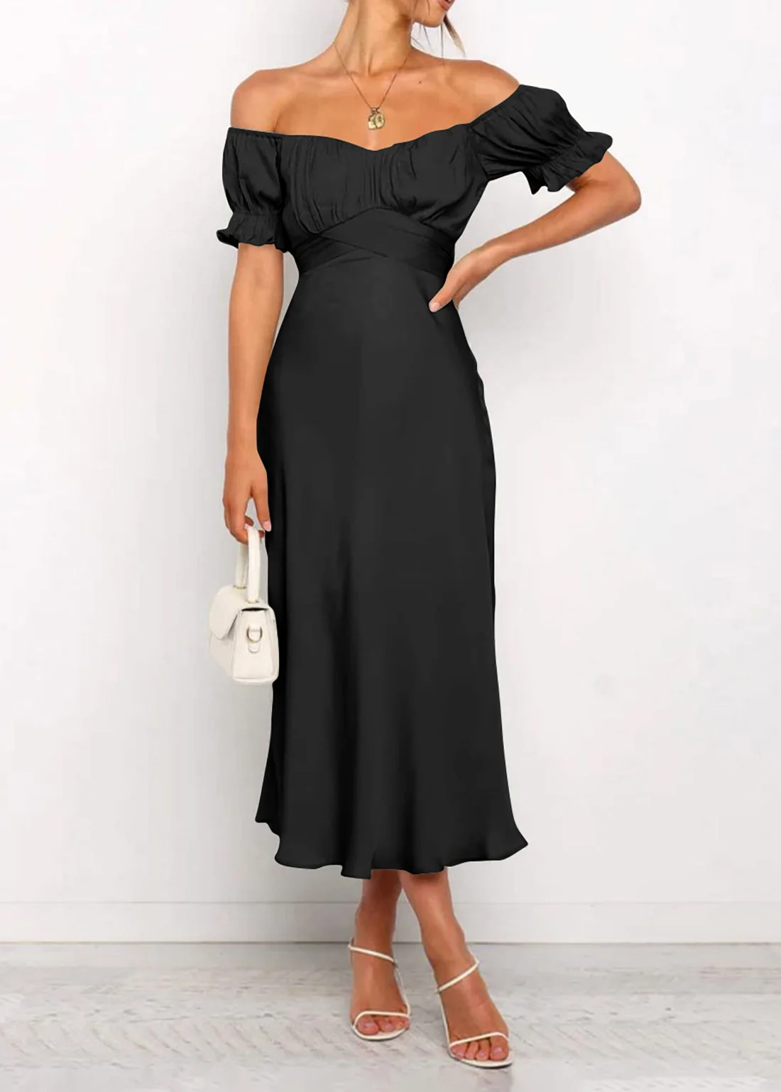 KIRUNDO Satin Off-Shoulder Dress in Black, view 3