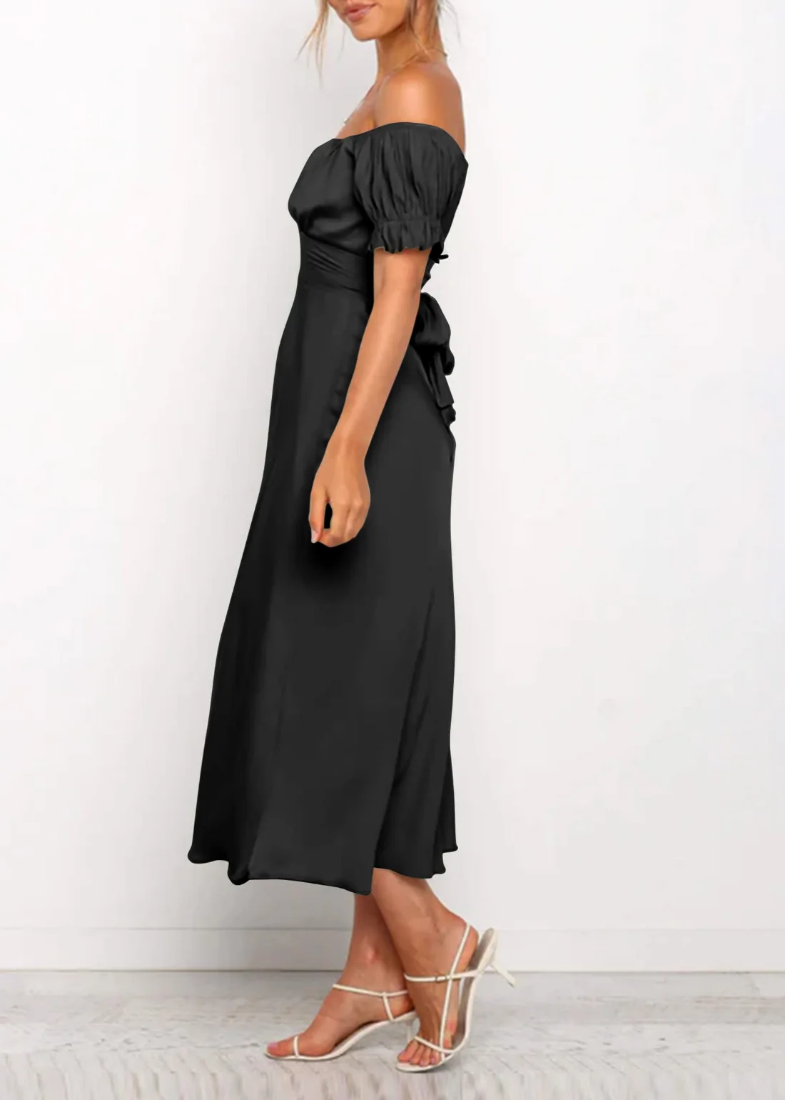 KIRUNDO Satin Off-Shoulder Dress in Black, view 4