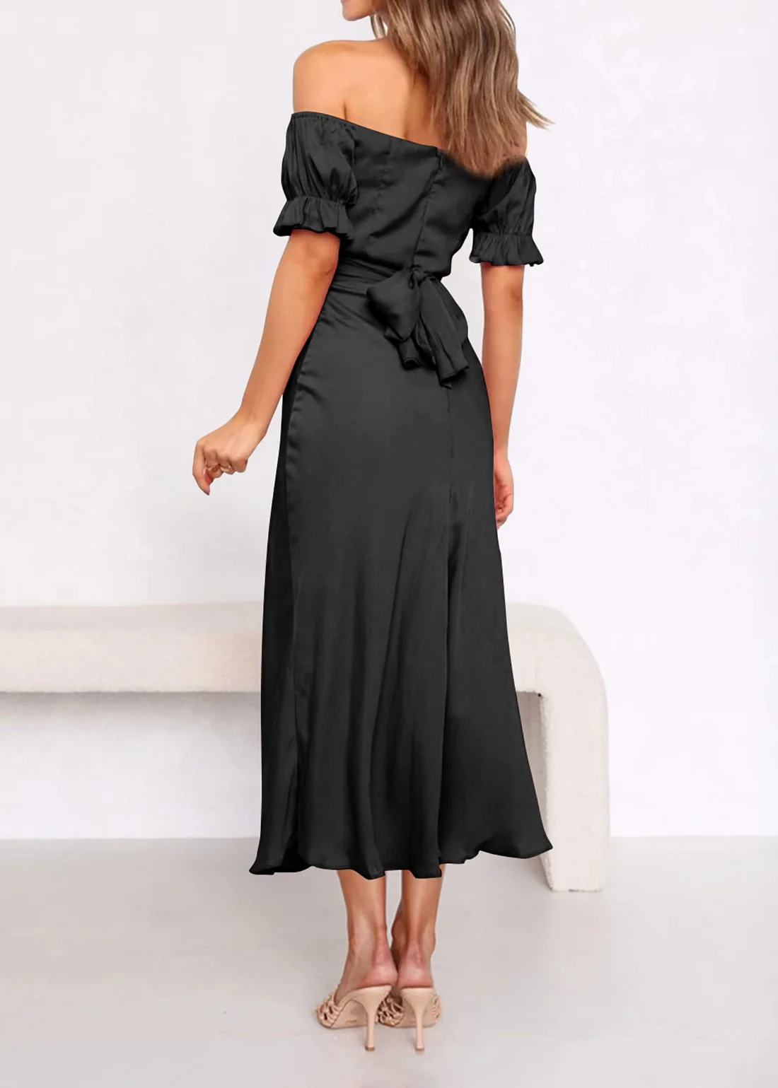 KIRUNDO Satin Off-Shoulder Dress in Black, view 5