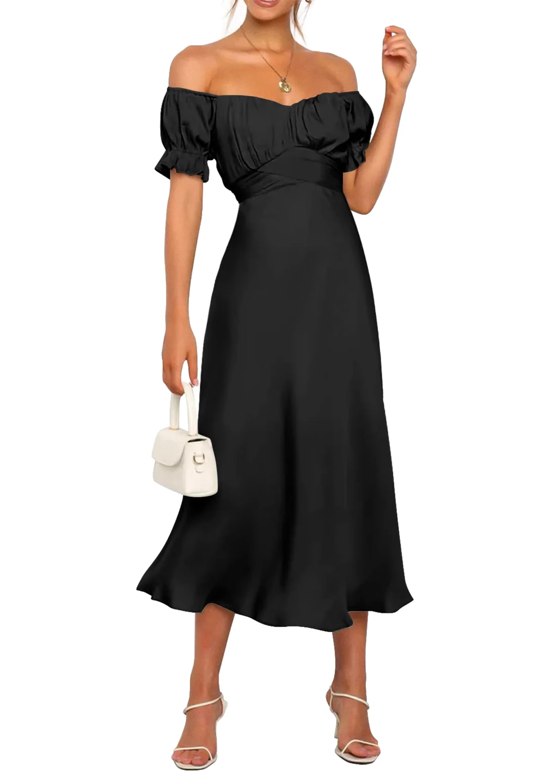 KIRUNDO Satin Off-Shoulder Dress in Black