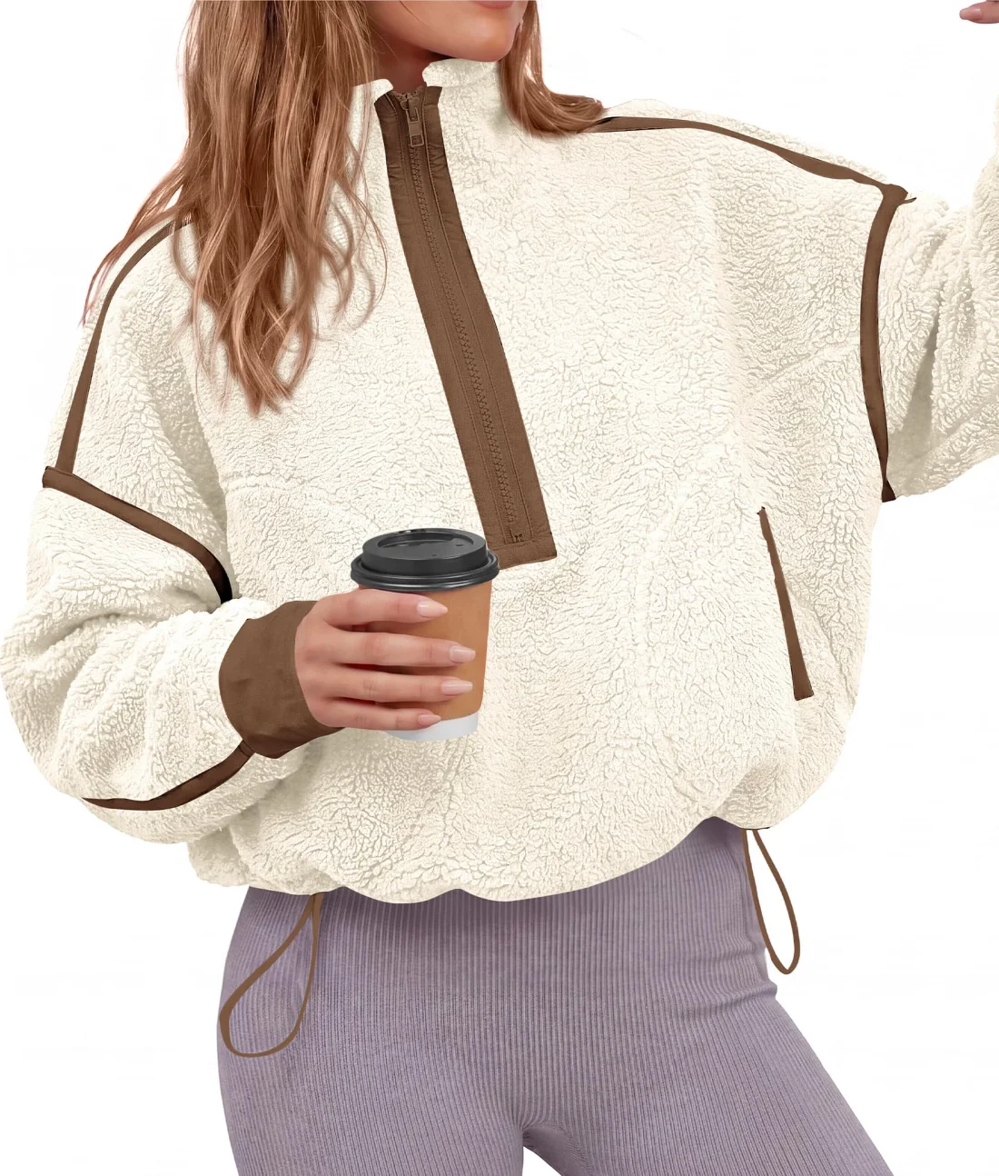 KIRUNDO Sherpa Fleece Half-Zip Sweatshirt in Beige, view 3