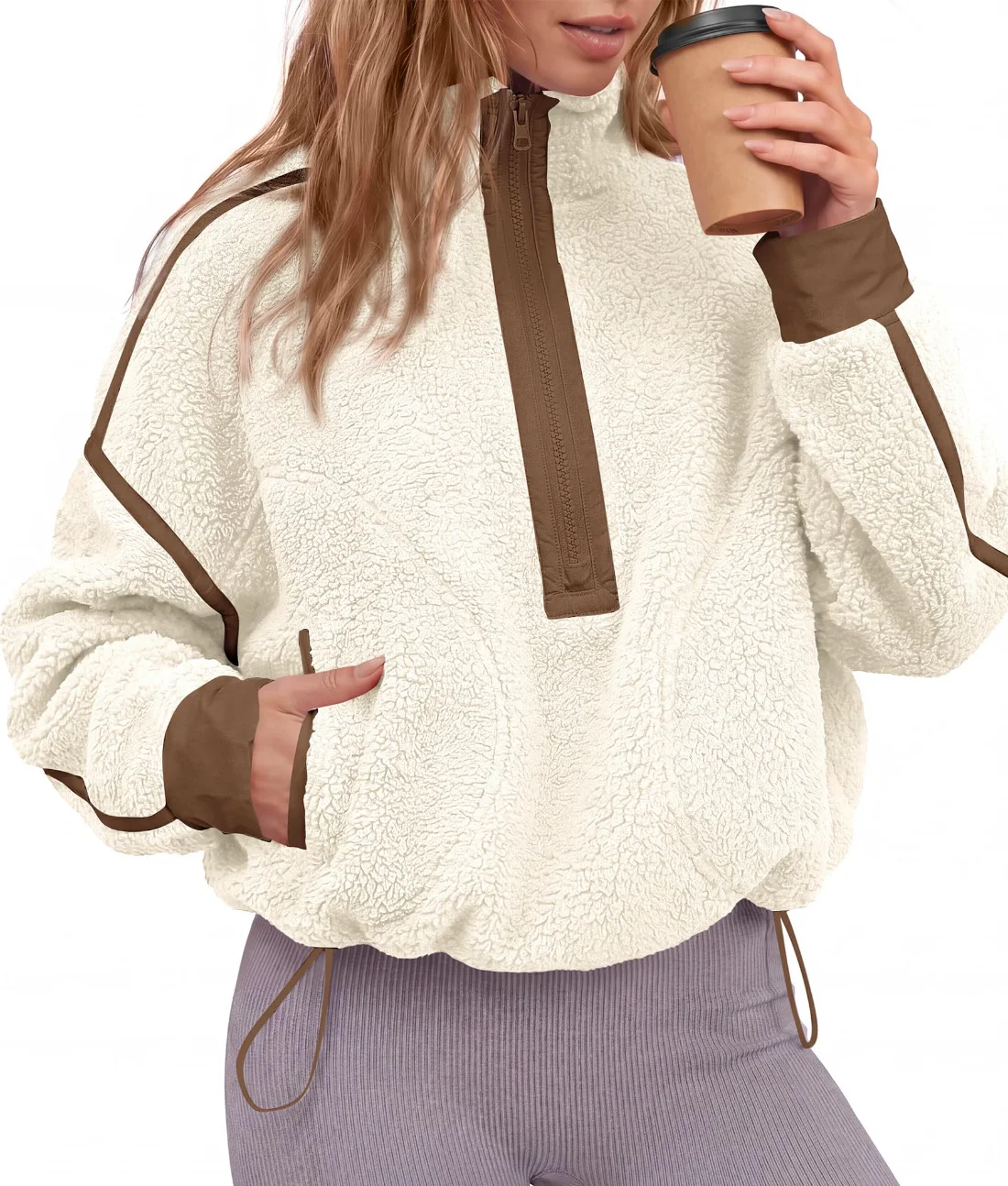 KIRUNDO Sherpa Fleece Half-Zip Sweatshirt in Beige, view 4