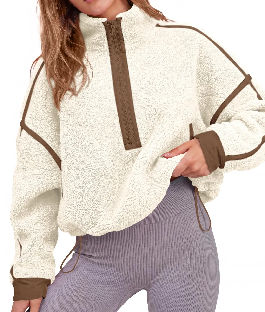 KIRUNDO Sherpa Fleece Half-Zip Sweatshirt in Beige, view 6
