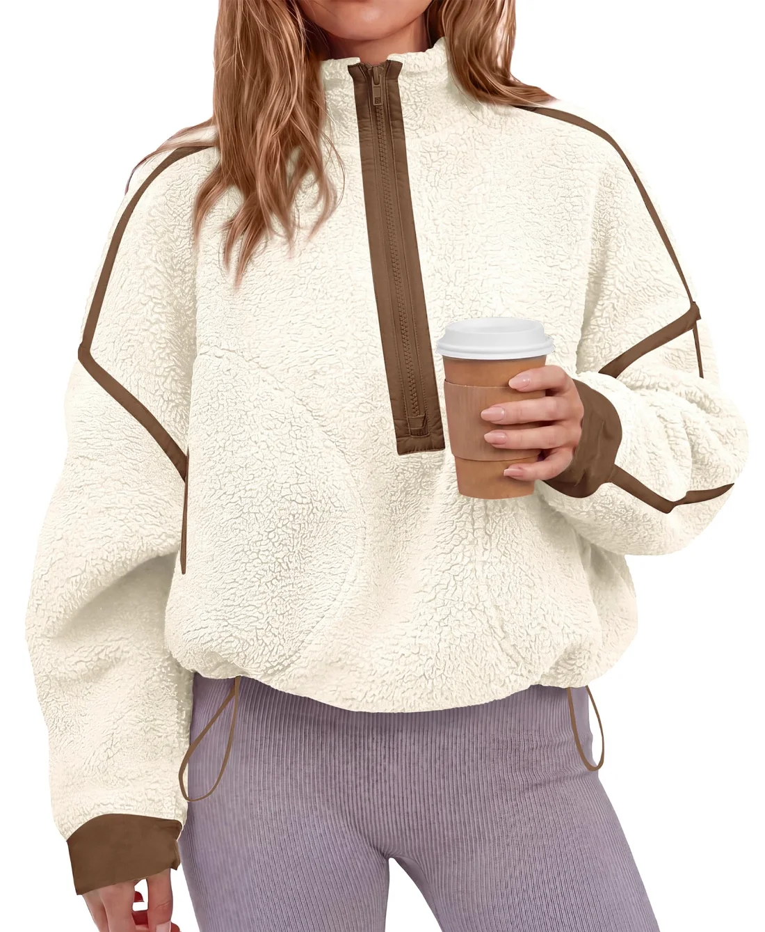 KIRUNDO Sherpa Fleece Half-Zip Sweatshirt in Beige