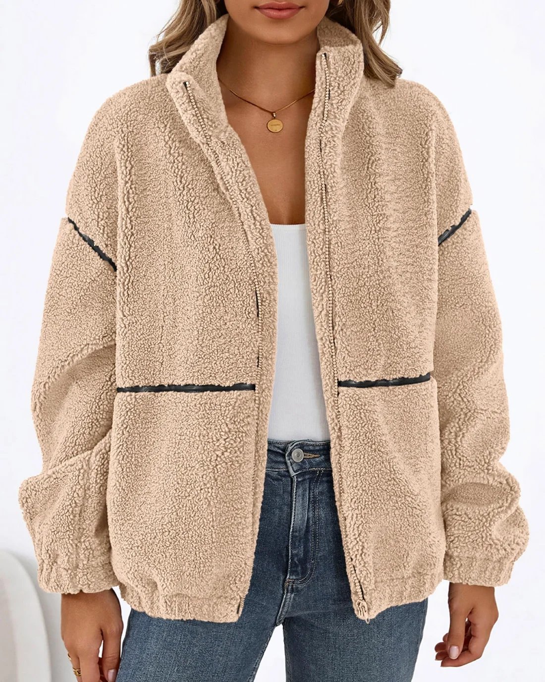 KIRUNDO Sherpa Fleece Zip-Up Jacket in Beige, view 3