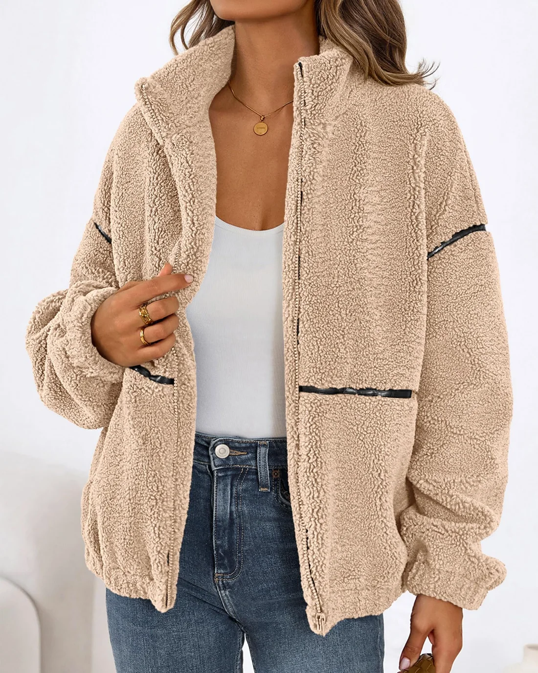 KIRUNDO Sherpa Fleece Zip-Up Jacket in Beige, view 4
