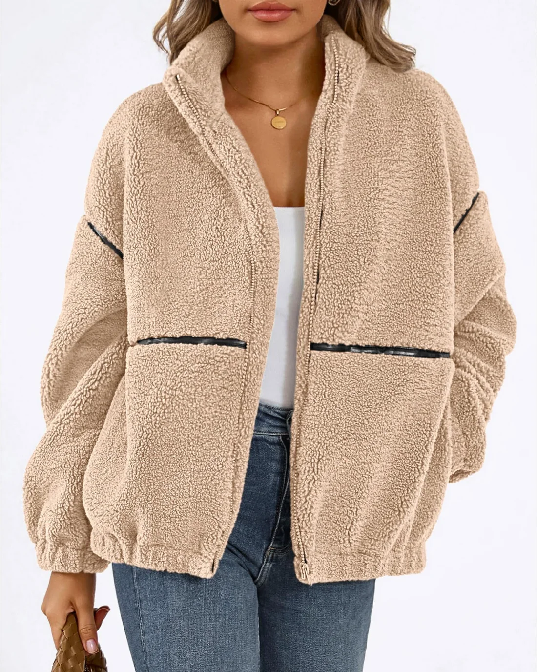 KIRUNDO Sherpa Fleece Zip-Up Jacket in Beige, view 5