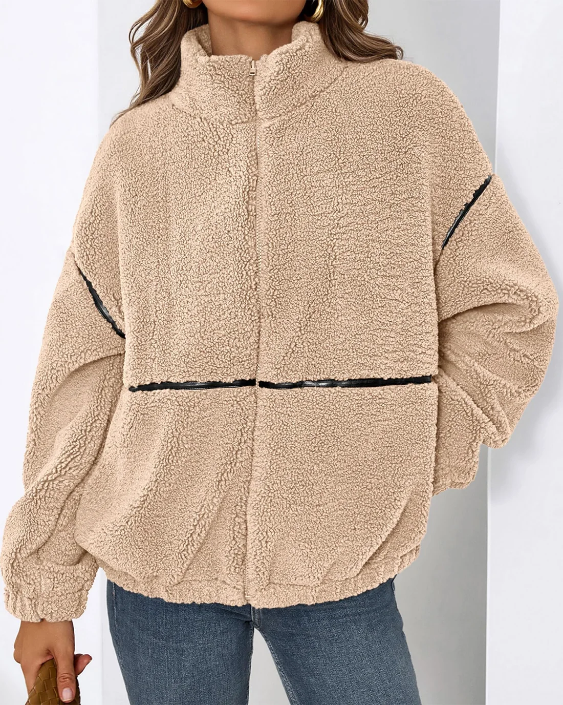 KIRUNDO Sherpa Fleece Zip-Up Jacket in Beige, view 6