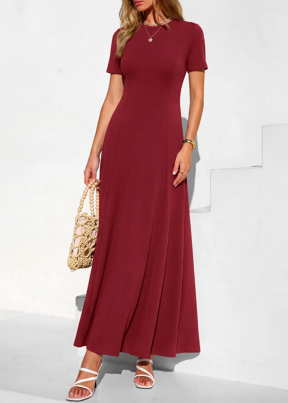 KIRUNDO Short Sleeve A-Line Maxi Dress in Burgundy, view 3