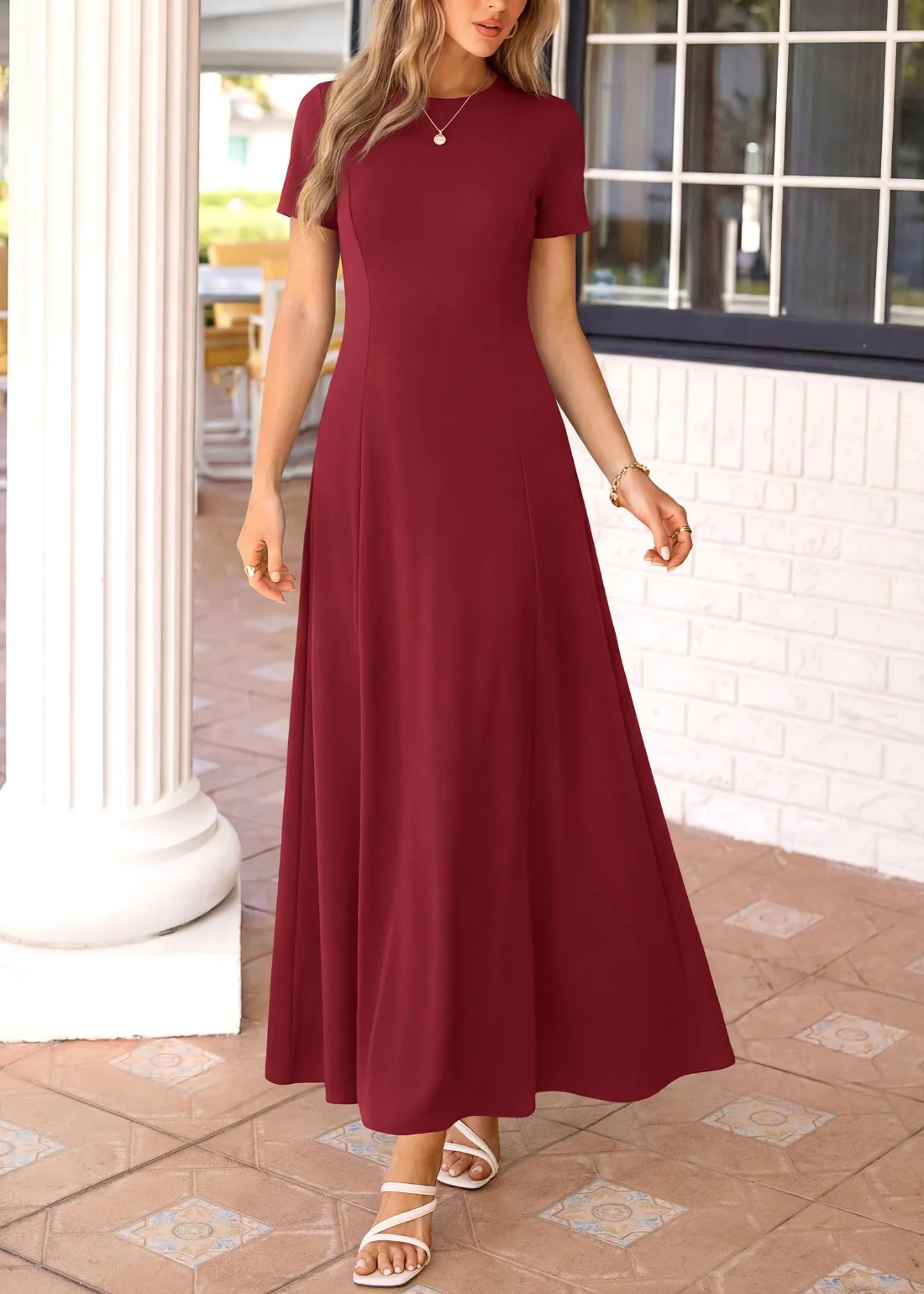 KIRUNDO Short Sleeve A-Line Maxi Dress in Burgundy, view 4