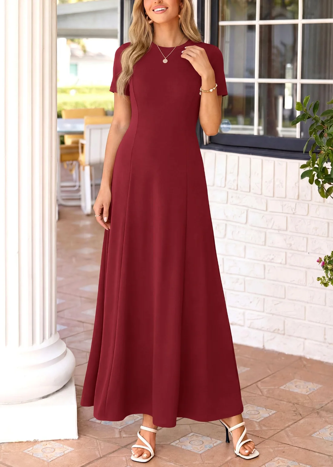 KIRUNDO Short Sleeve A-Line Maxi Dress in Burgundy, view 5