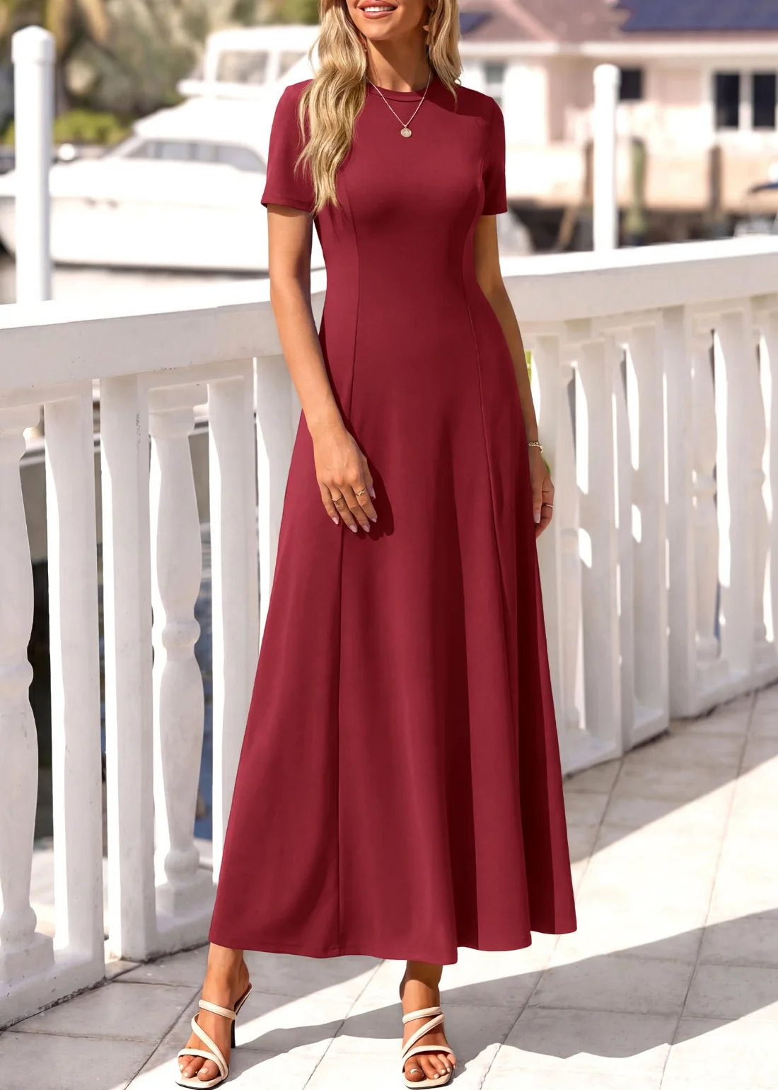 KIRUNDO Short Sleeve A-Line Maxi Dress in Burgundy, view 6