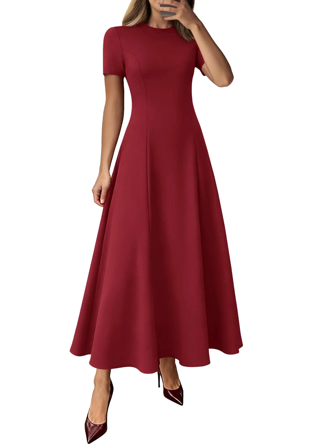 KIRUNDO Short Sleeve A-Line Maxi Dress in Burgundy