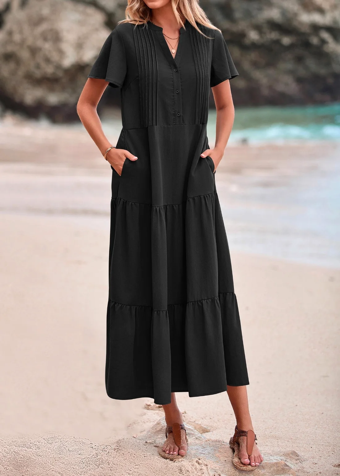 KIRUNDO Short Sleeve Pocket Maxi Dress in Black, view 5