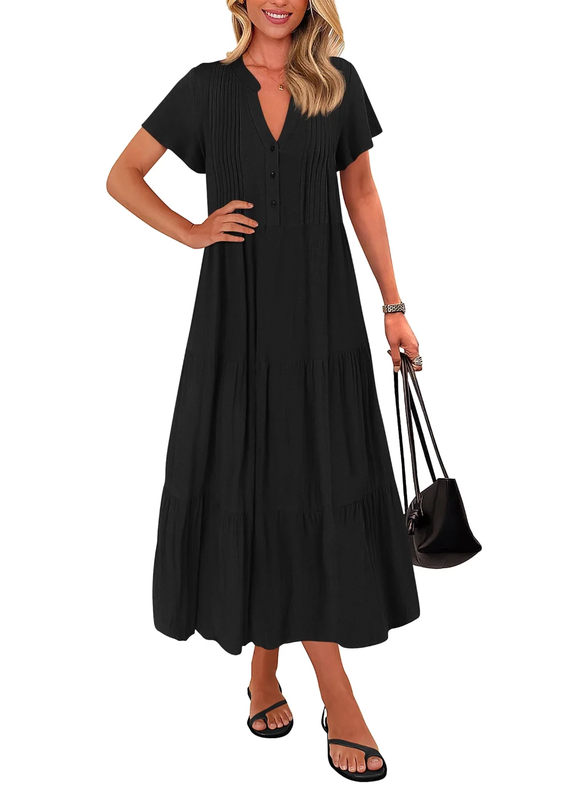 KIRUNDO Short Sleeve Pocket Maxi Dress in Black