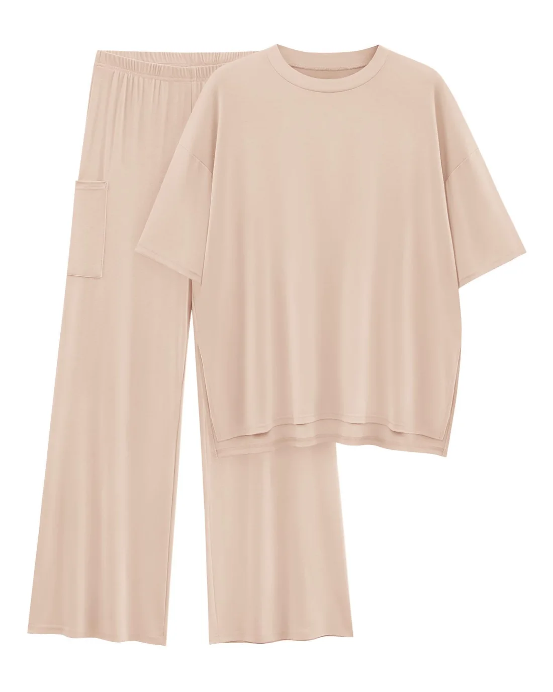 KIRUNDO Short Sleeve Wide Leg Lounge Set in Beige