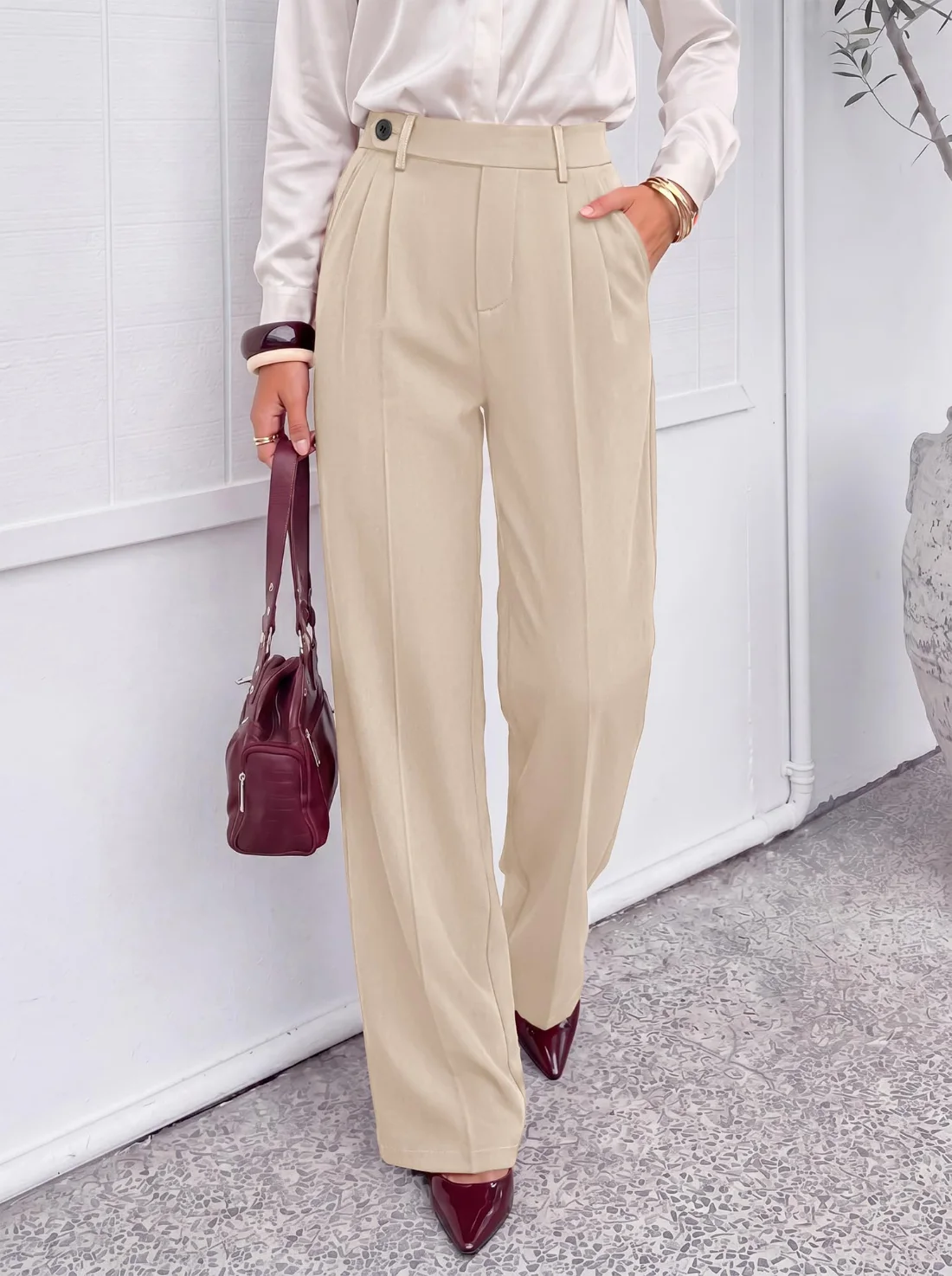 KIRUNDO Side Button Wide Leg Pants in Beige, view 4