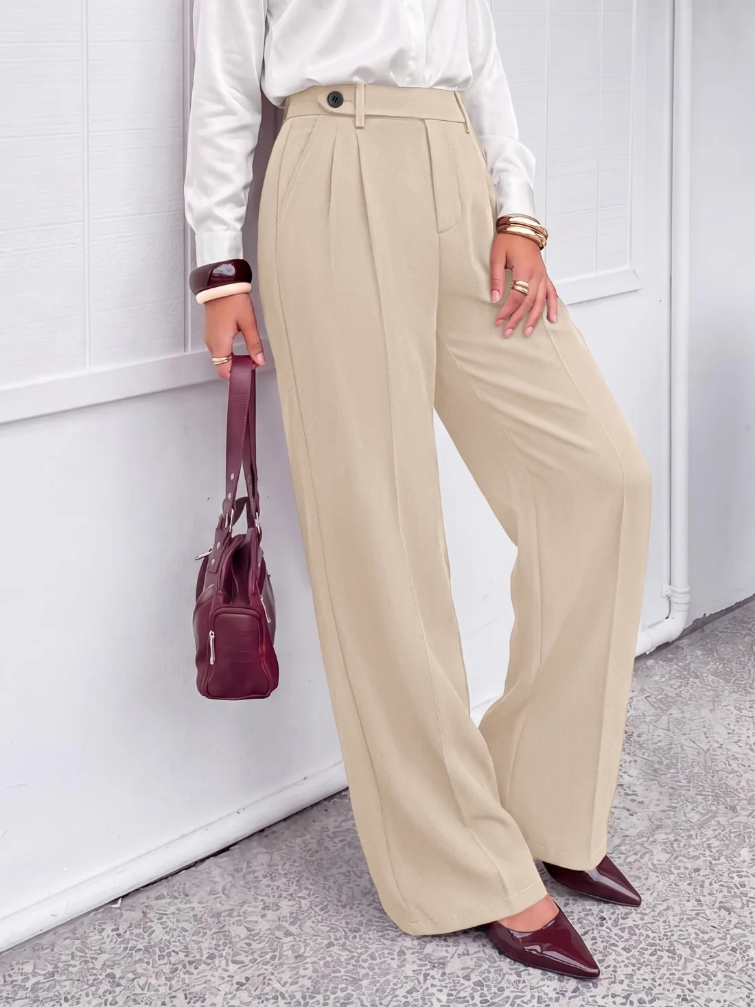 KIRUNDO Side Button Wide Leg Pants in Beige, view 6