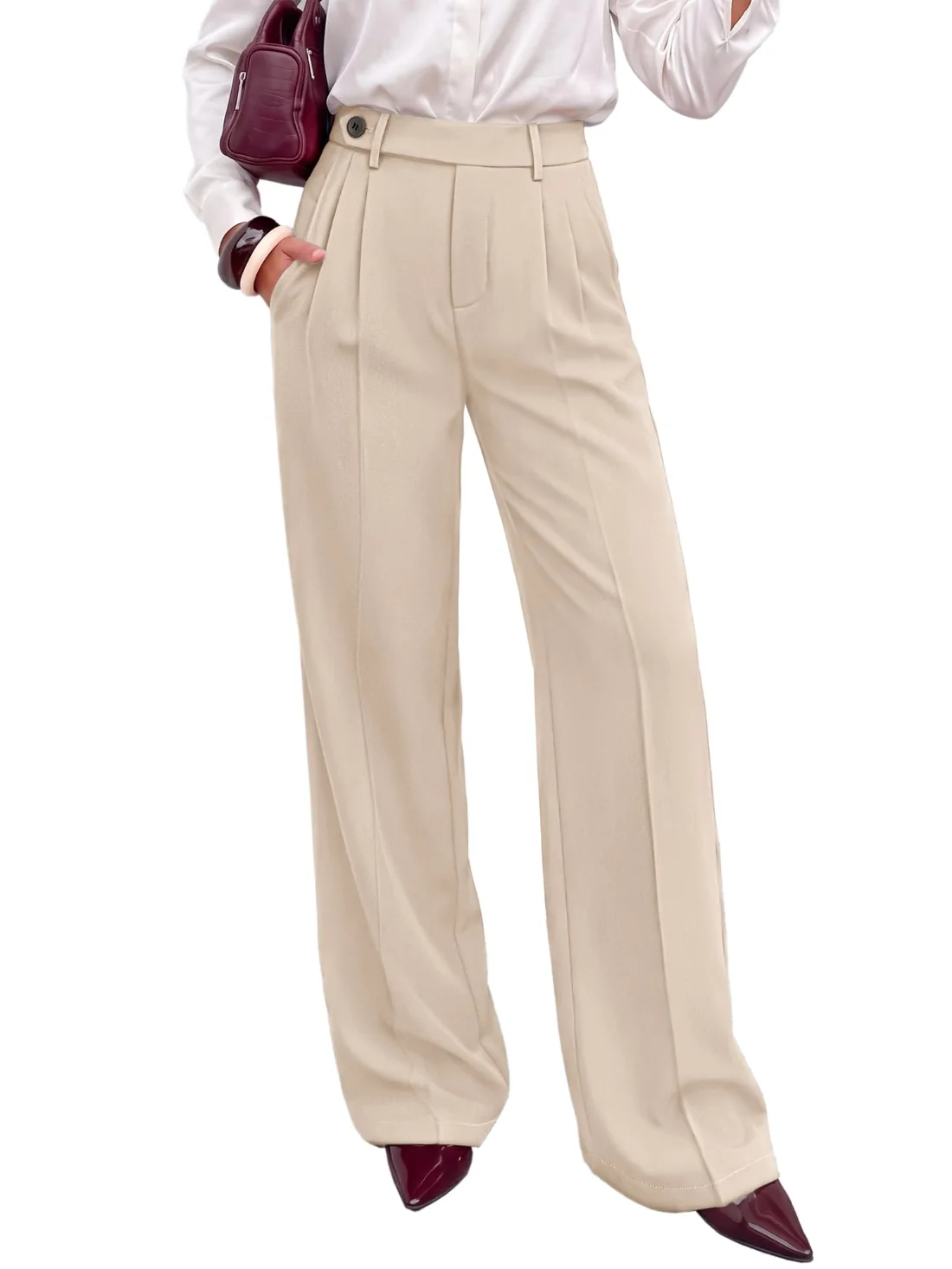 KIRUNDO Side Button Wide Leg Pants in Beige