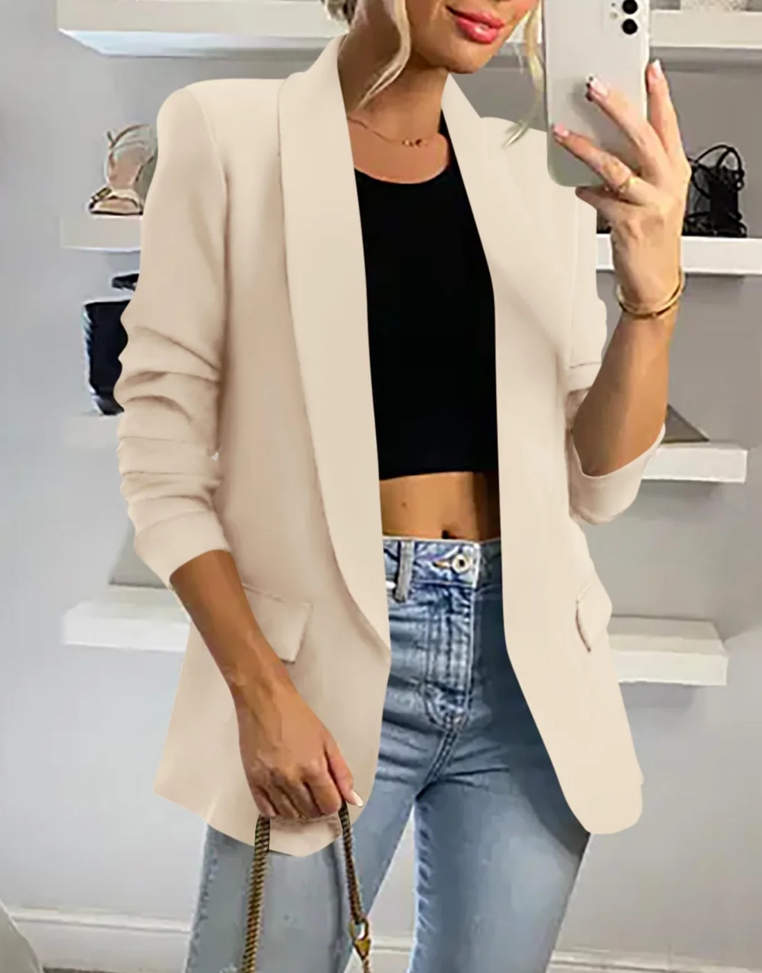 KIRUNDO Single-Button Lapel Blazer in Beige, view 3