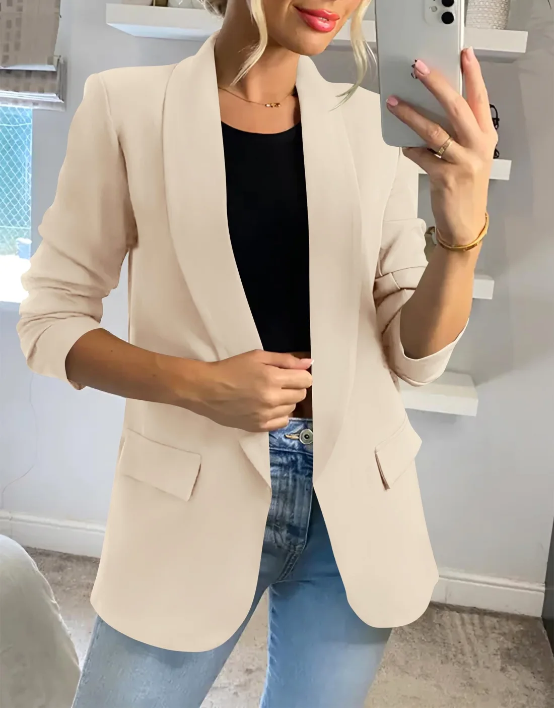 KIRUNDO Single-Button Lapel Blazer in Beige, view 4