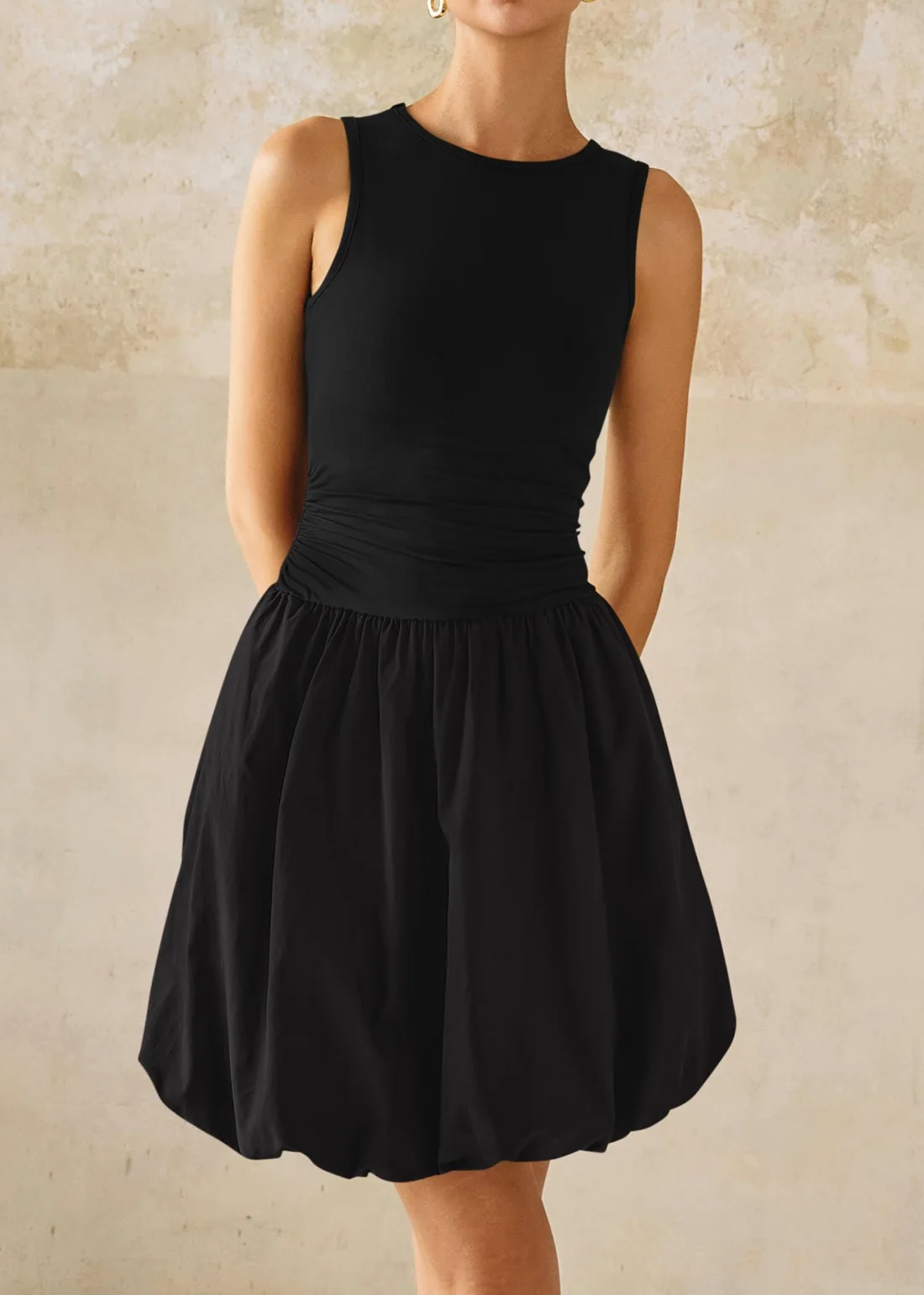 KIRUNDO Sleeveless Bubble Hem Mini Dress in Black, view 5