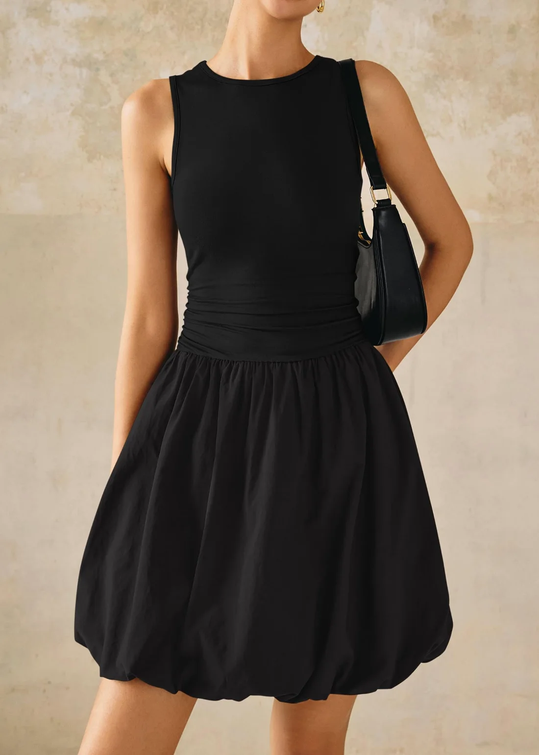 KIRUNDO Sleeveless Bubble Hem Mini Dress in Black, view 6