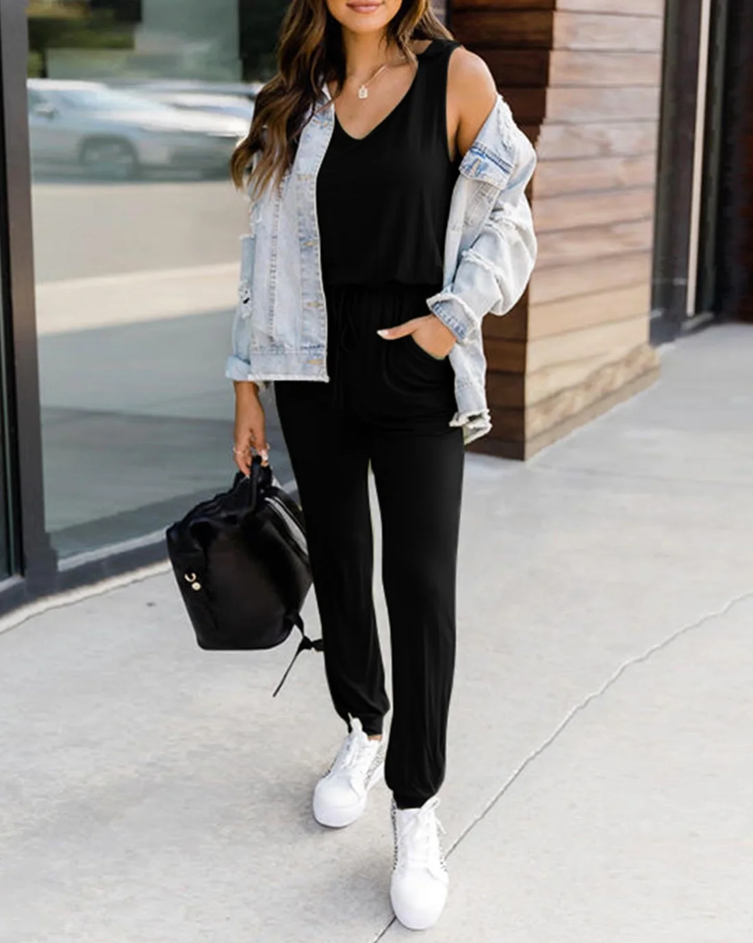 KIRUNDO Sleeveless Drawstring Jogger Jumpsuit in Black, view 4