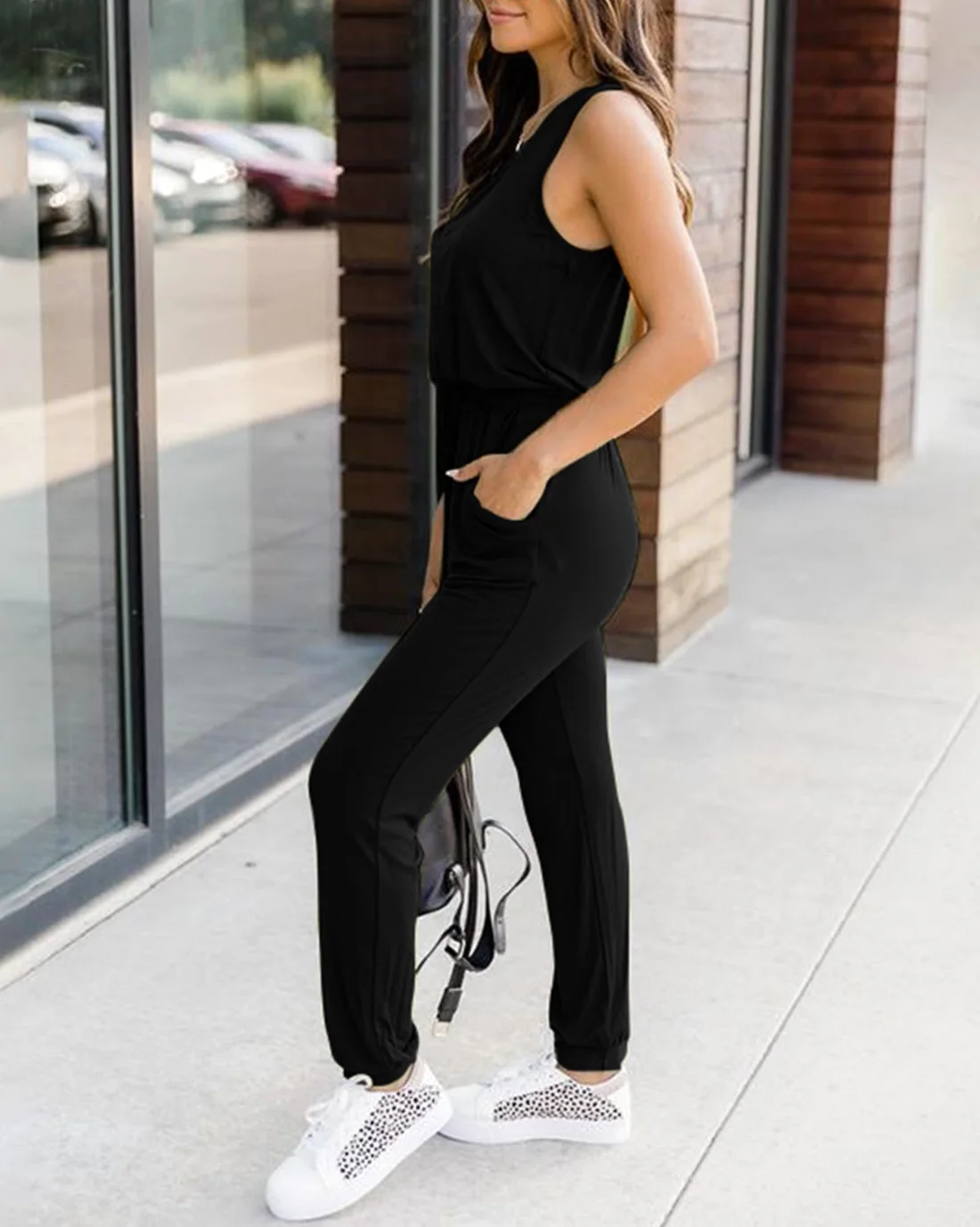 KIRUNDO Sleeveless Drawstring Jogger Jumpsuit in Black, view 6