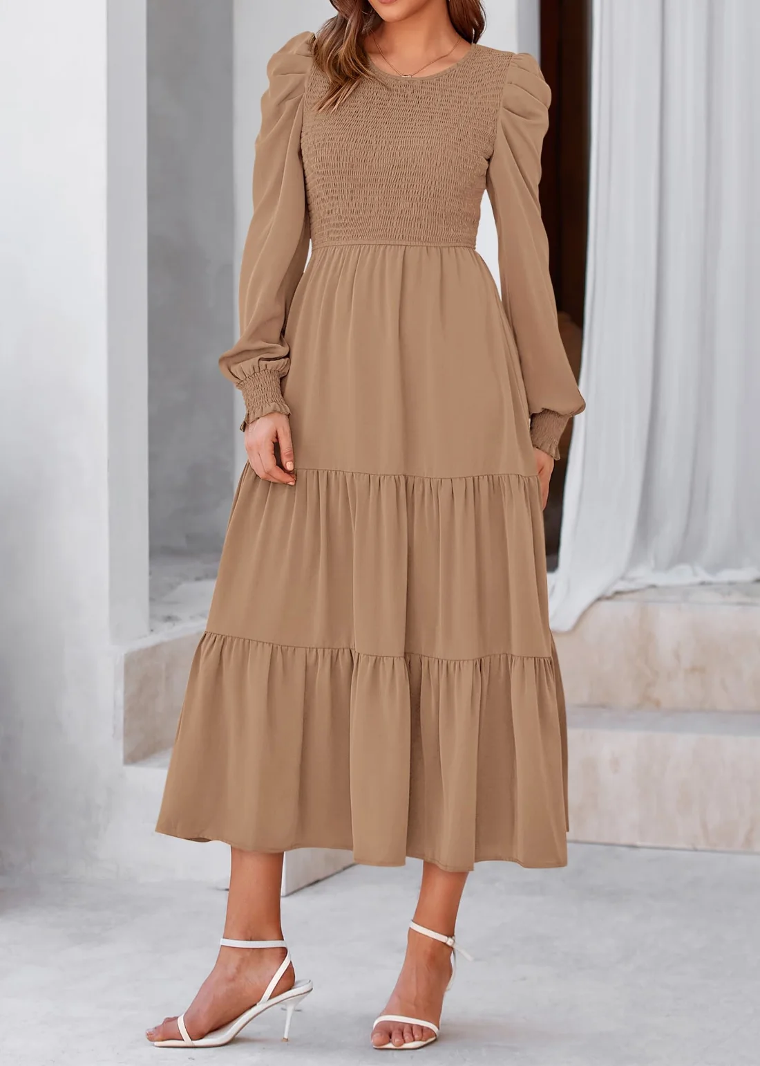 KIRUNDO Smocked A-Line Crewneck Maxi Dress in Khaki, view 3