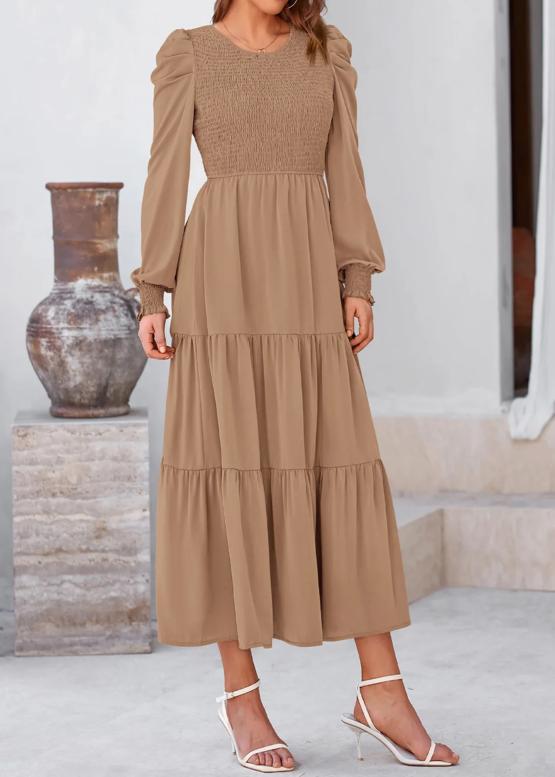 KIRUNDO Smocked A-Line Crewneck Maxi Dress in Khaki, view 4