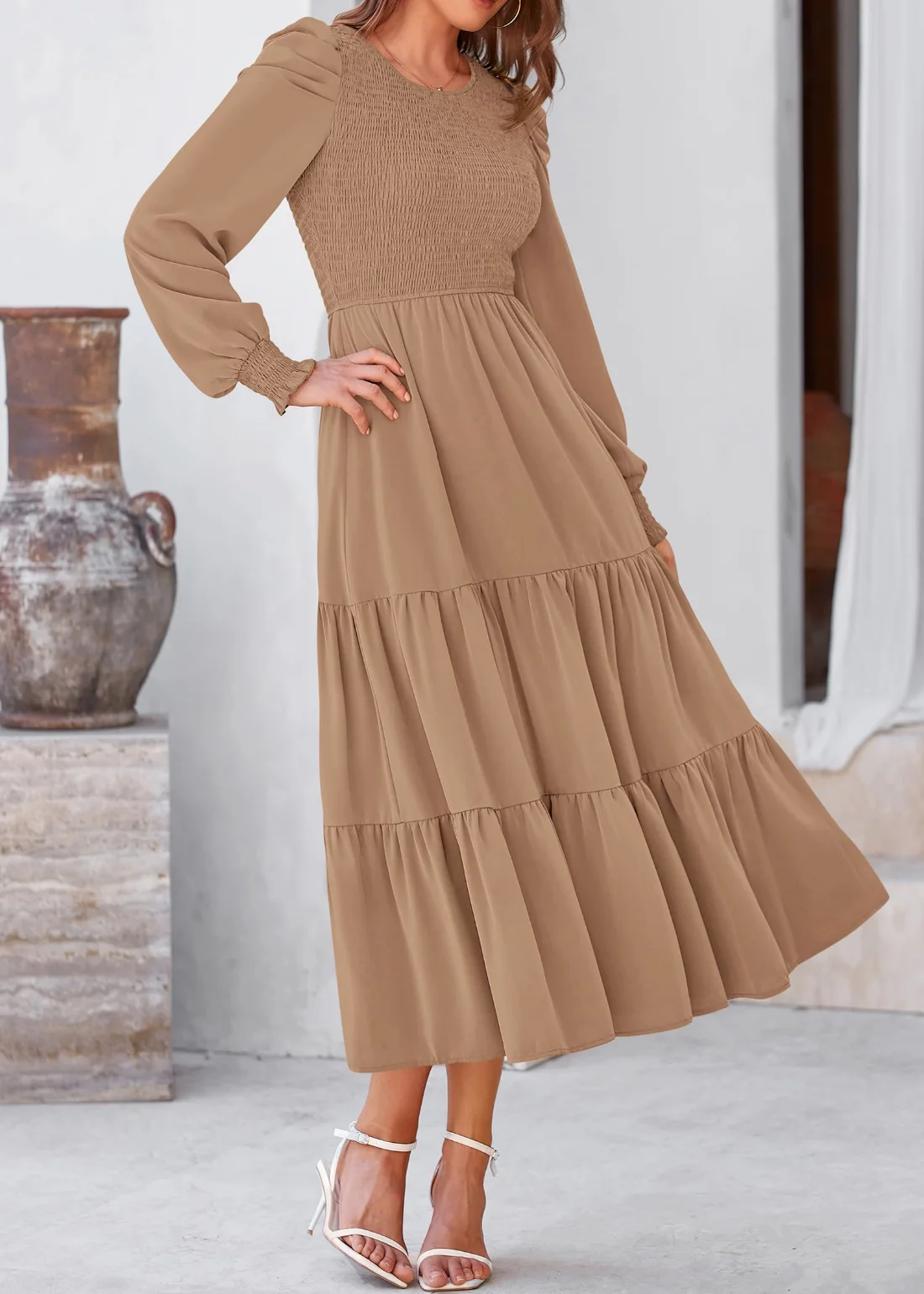 KIRUNDO Smocked A-Line Crewneck Maxi Dress in Khaki, view 5