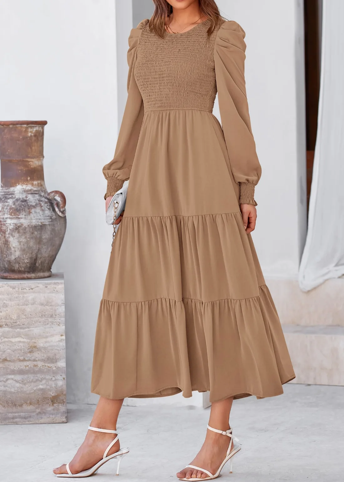 KIRUNDO Smocked A-Line Crewneck Maxi Dress in Khaki, view 6
