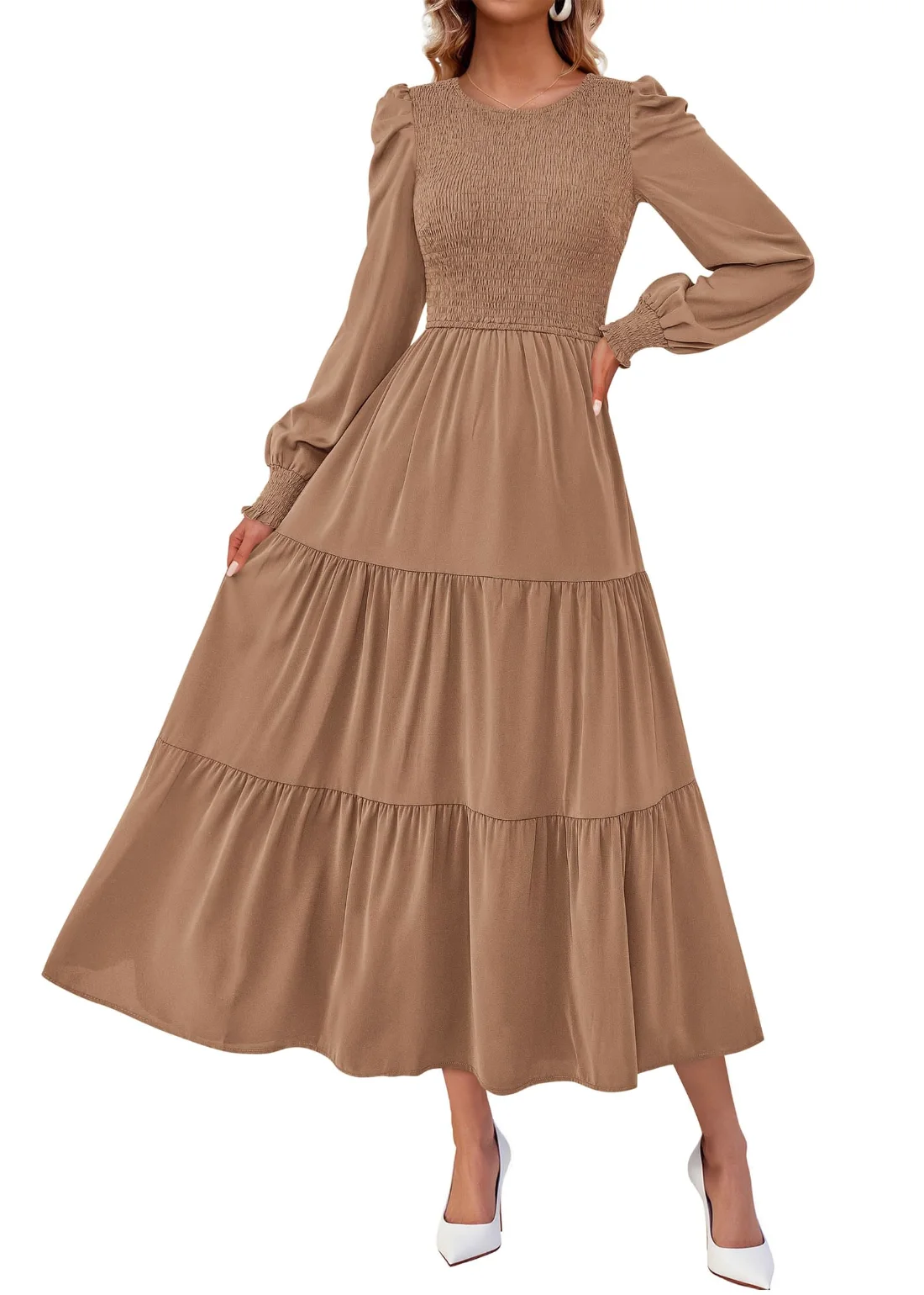 KIRUNDO Smocked A-Line Crewneck Maxi Dress in Khaki