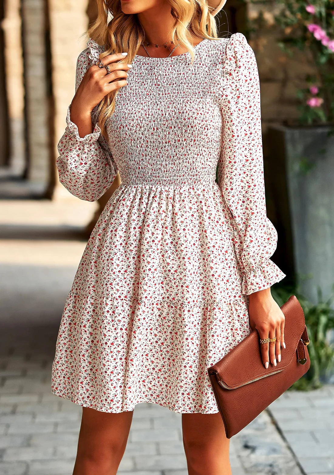 KIRUNDO Smocked Floral Ruffle Mini Dress in White, view 4