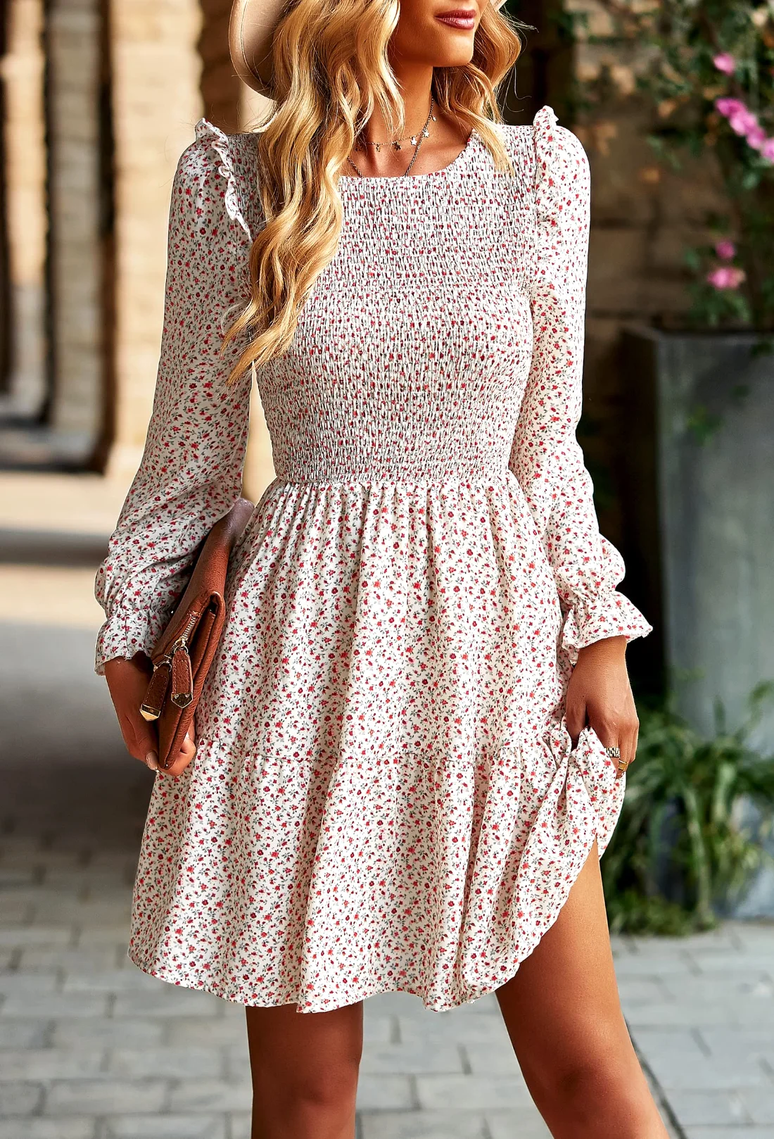 KIRUNDO Smocked Floral Ruffle Mini Dress in White, view 5