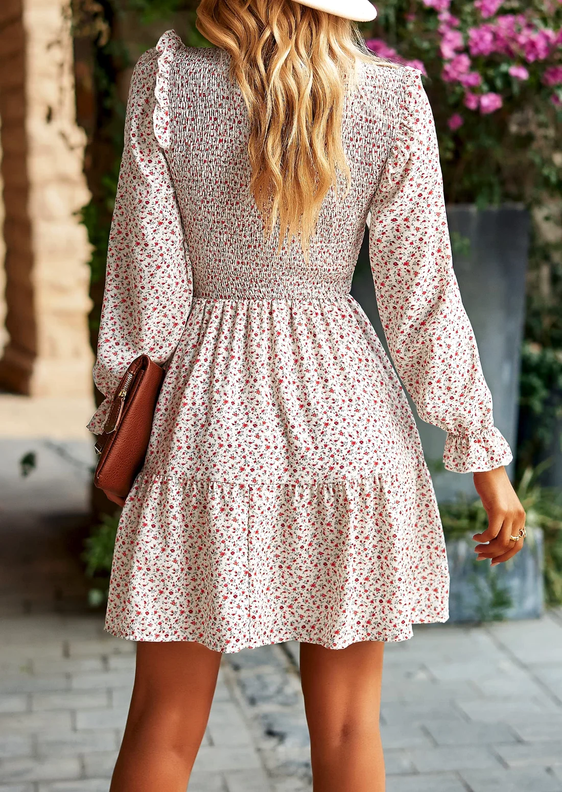 KIRUNDO Smocked Floral Ruffle Mini Dress in White, view 6